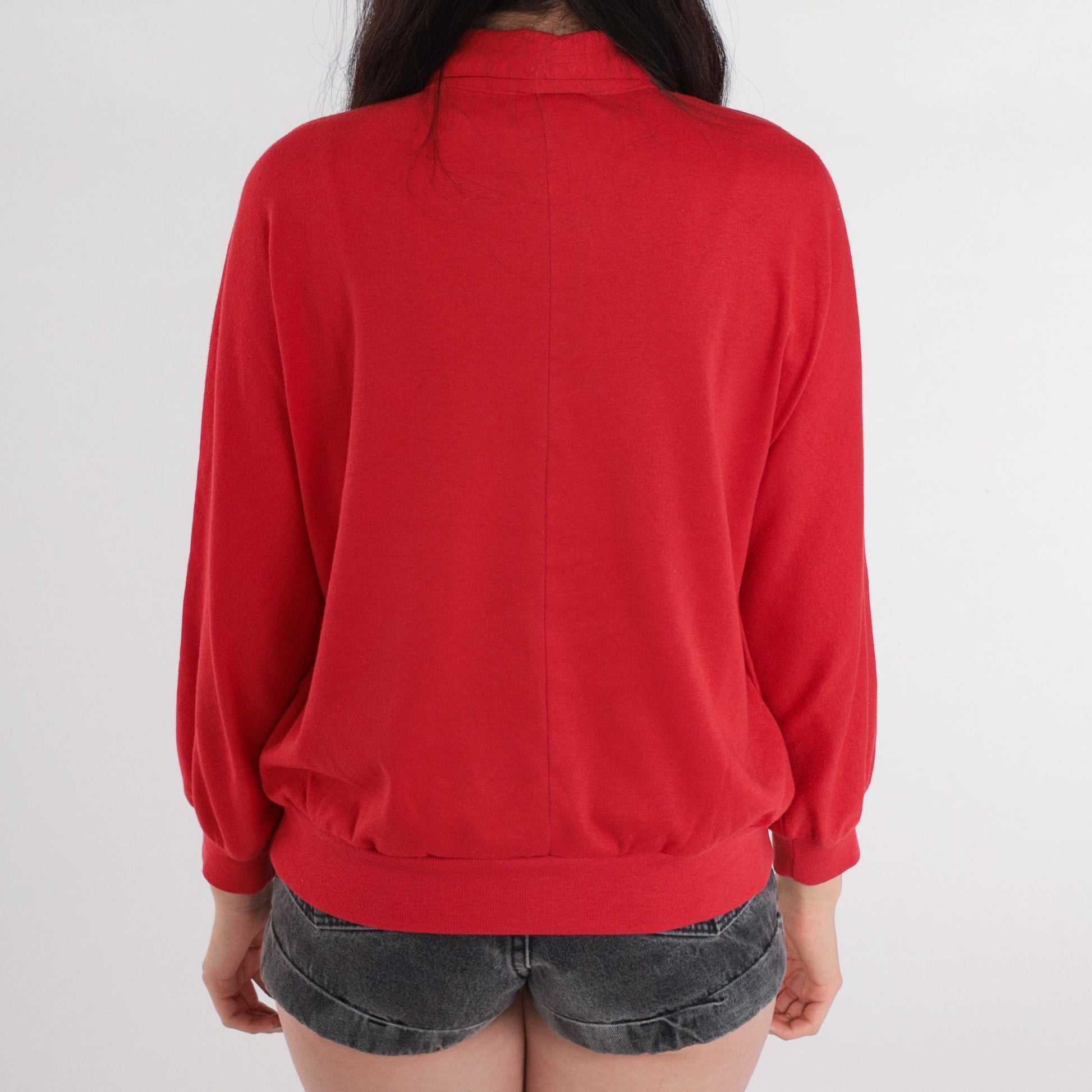 80s Red Long Sleeve Polo Shirt Plain Button-Up Crewneck Medium