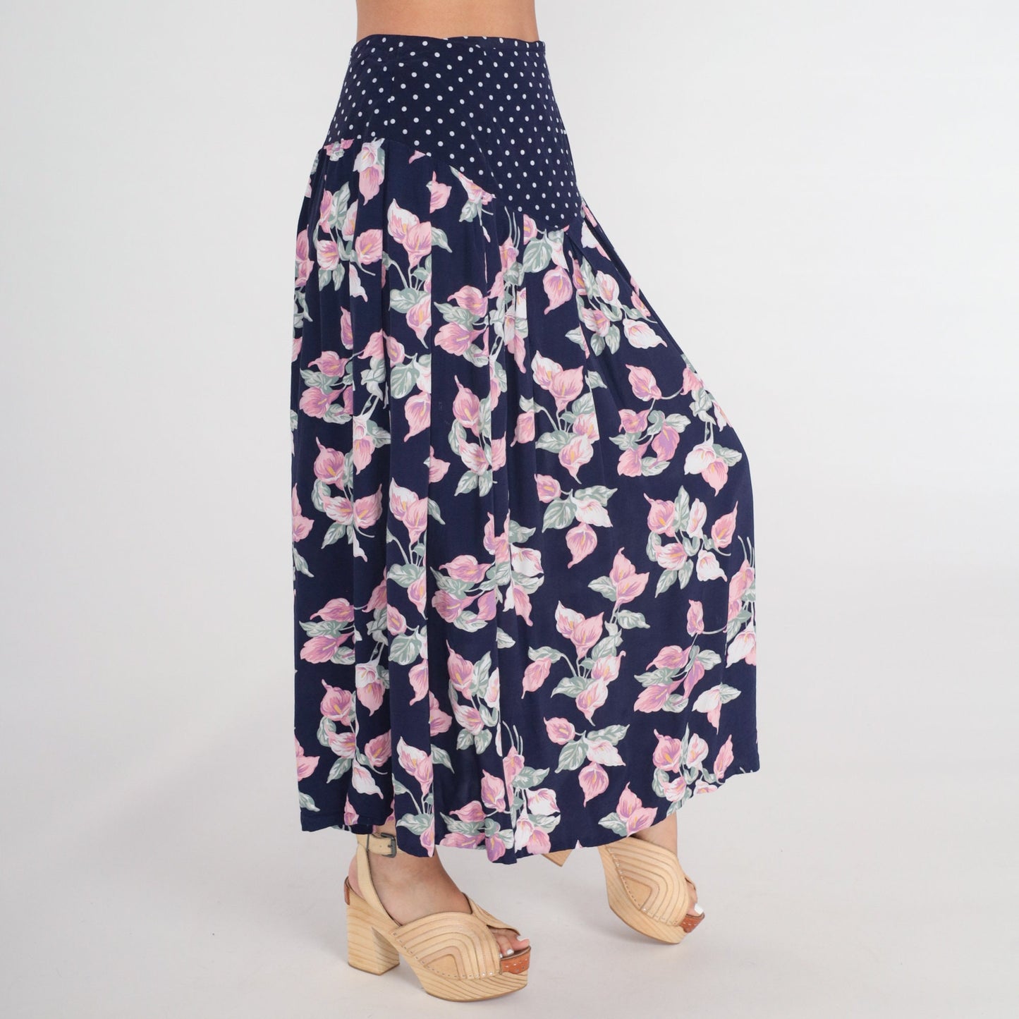 80s Navy Polka Dot Floral Maxi Skirt High Waist Basque Pleated Medium M
