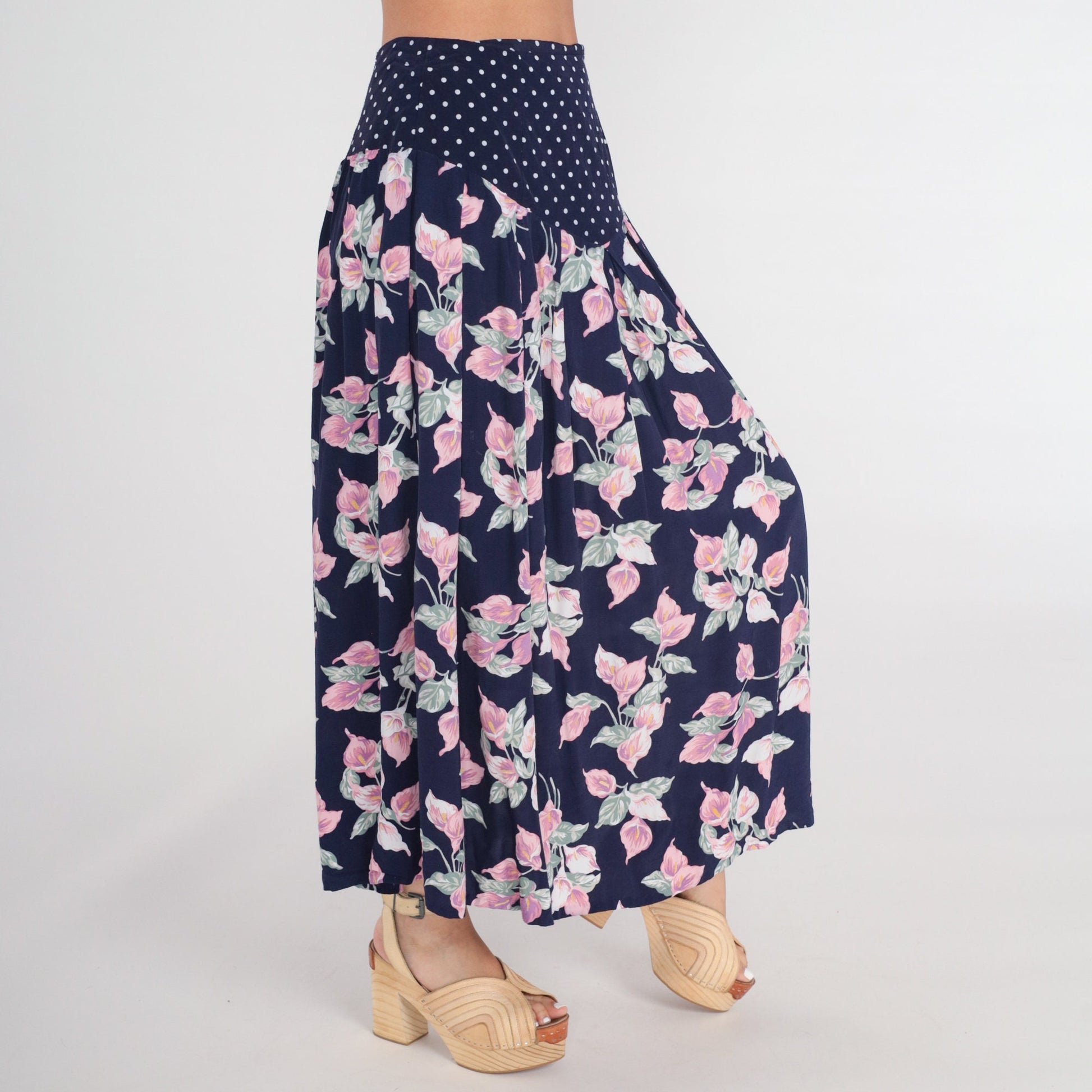 80s Navy Polka Dot Floral Maxi Skirt High Waist Basque Pleated Medium M