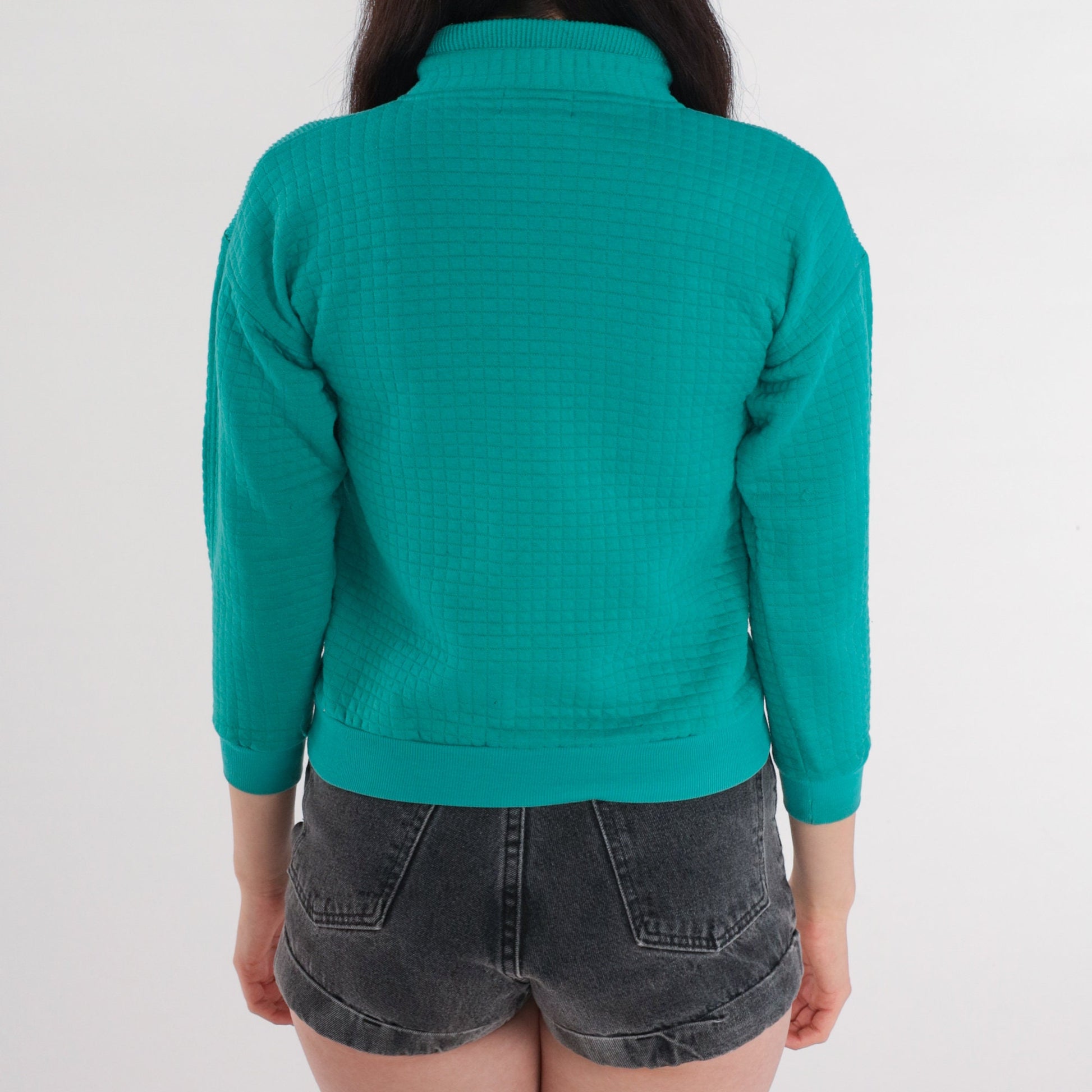 90s Bear Henley Sweatshirt Teal Quilted Quarter Button Pocket Pullover XXS