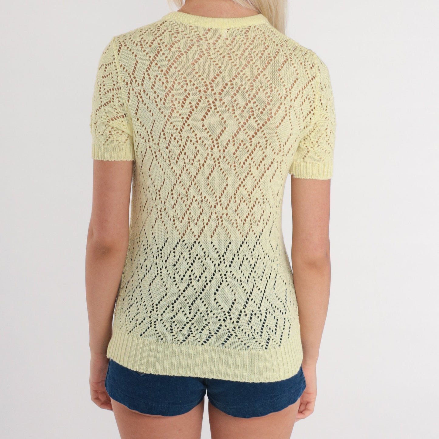 70s Yellow Pointelle Knit Top Short Sleeve Cutout Blouse Extra Small XS