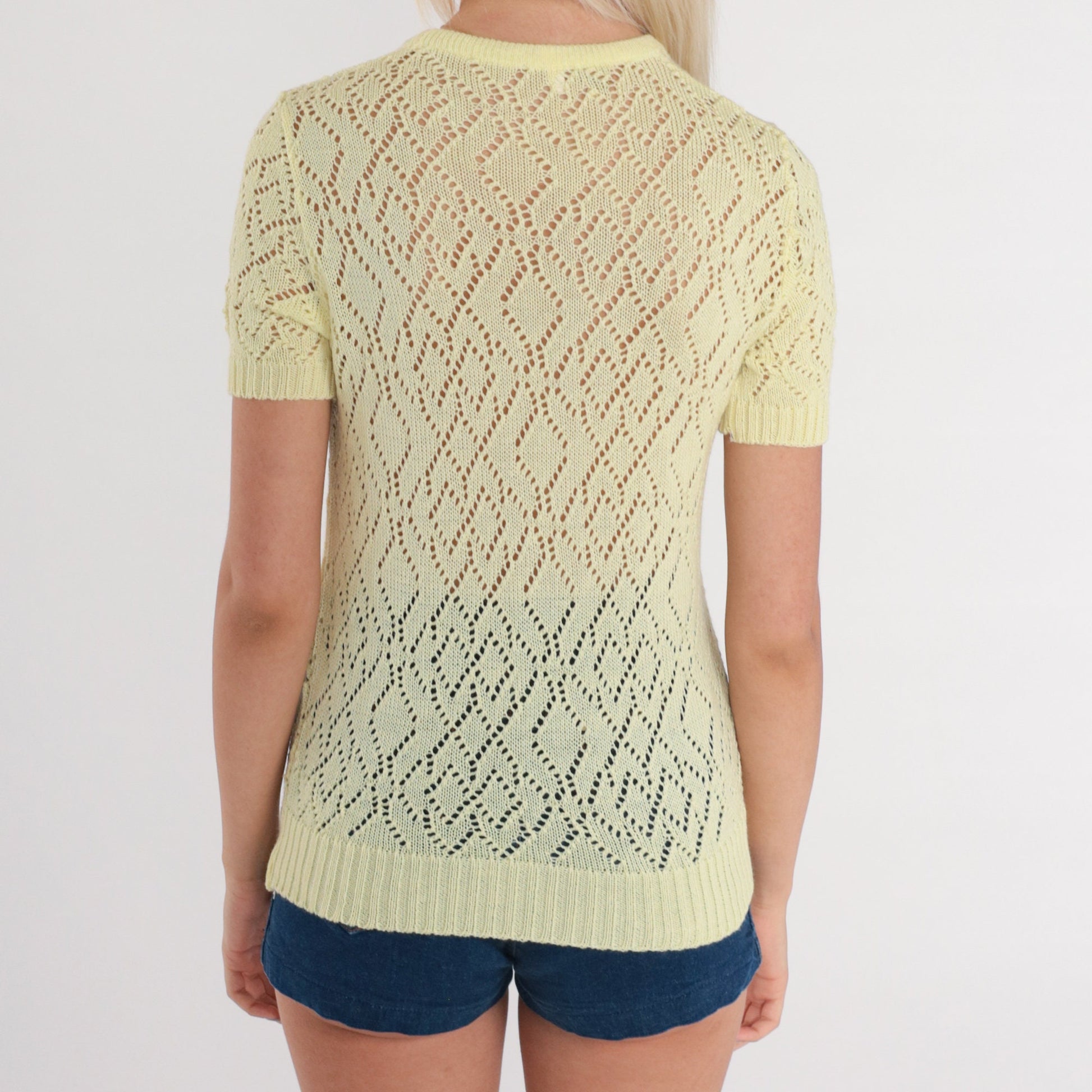70s Yellow Pointelle Knit Top Short Sleeve Cutout Blouse Extra Small XS