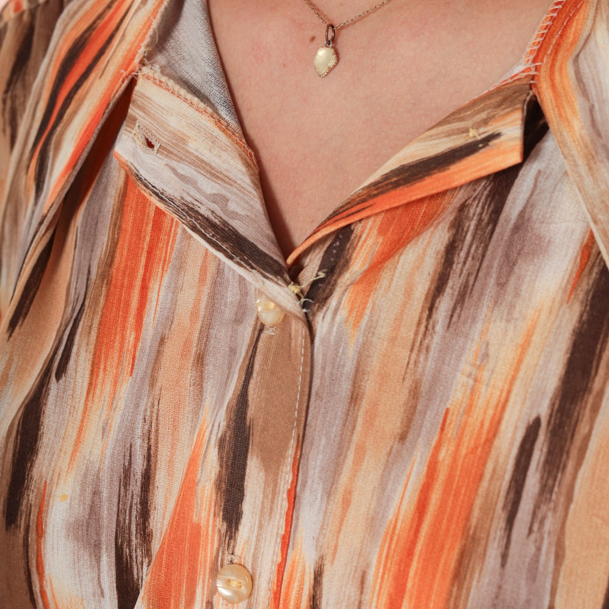 70s Ascot Blouse Brushstroke Print Button-Up Long Sleeve Orange Brown Medium
