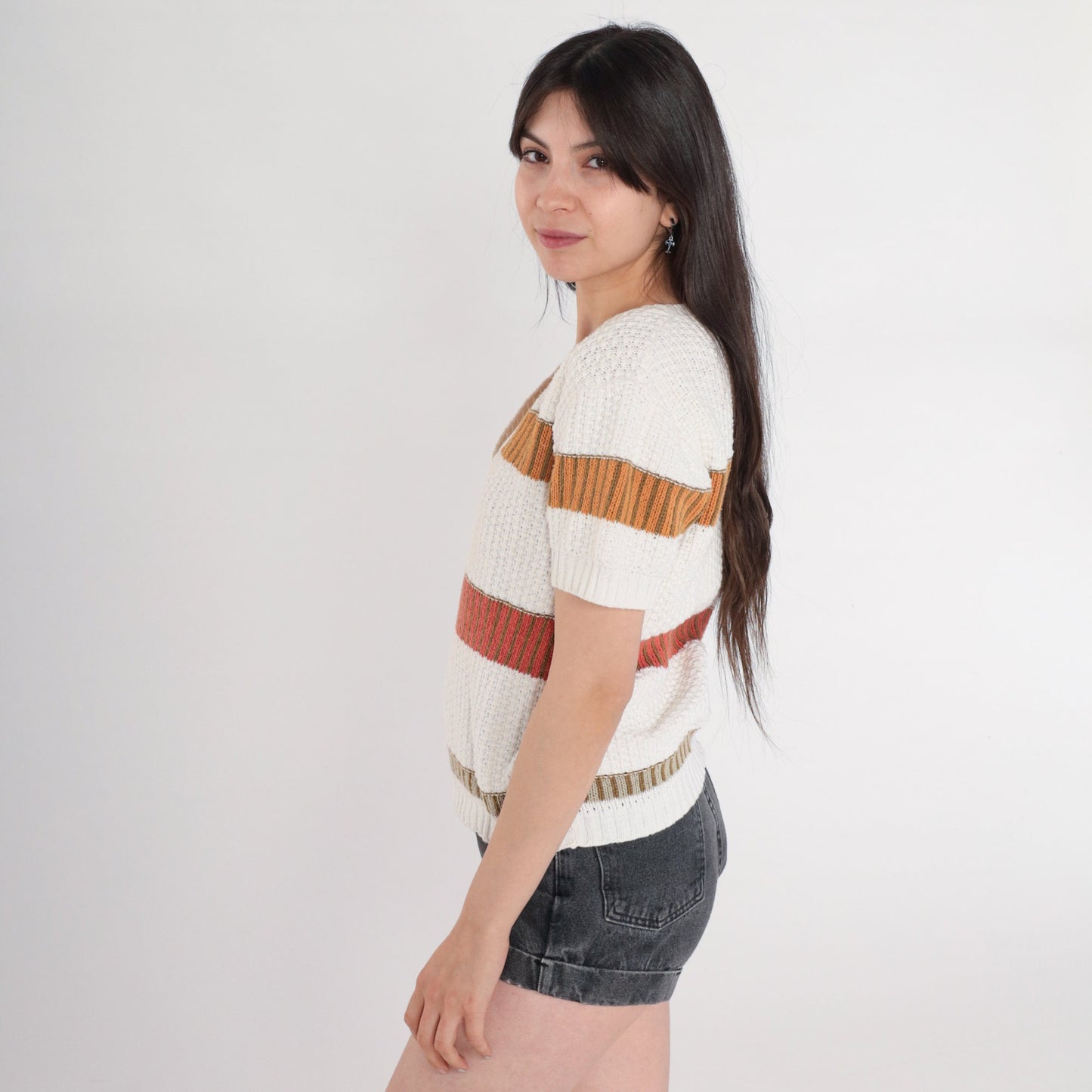 80s Striped V-Neck Knit Sweater Top White Red Orange Olive Small