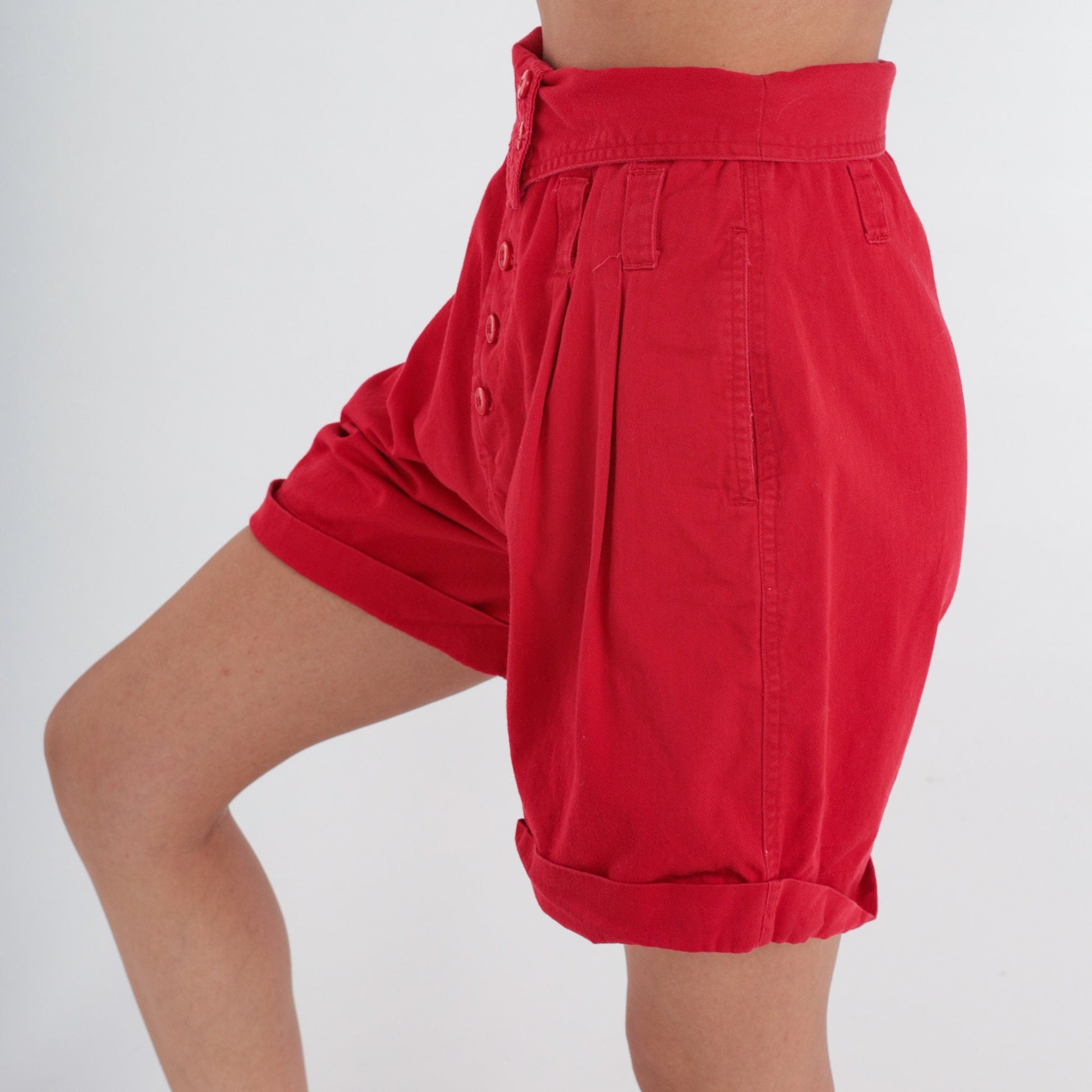 80s Red Cotton Pleated High-Waist Shorts Ultra Short Inseam Extra Small