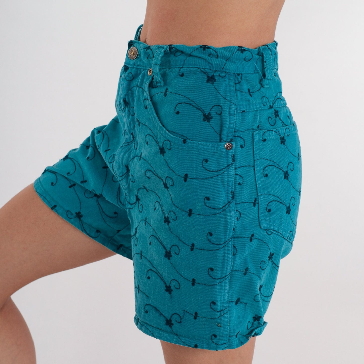 90s Teal Floral Embroidered Denim Shorts High Waist Small