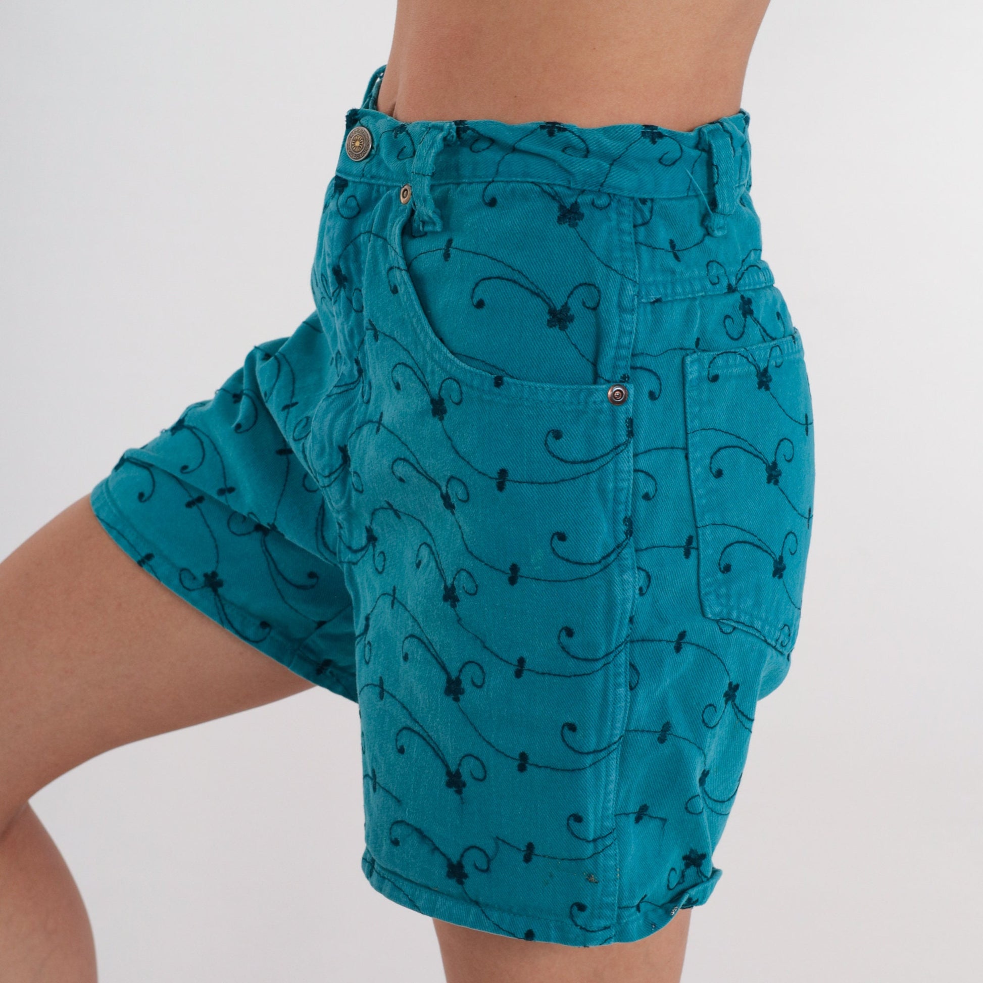 90s Teal Floral Embroidered Denim Shorts High Waist Small