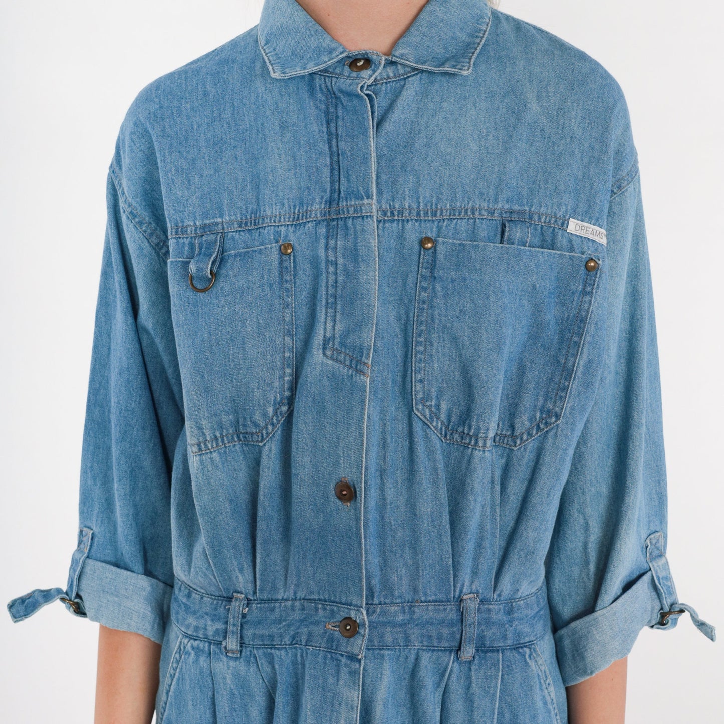 80s Dreams Blue Denim Button-Up Shirtdress Knee Length Cotton Medium