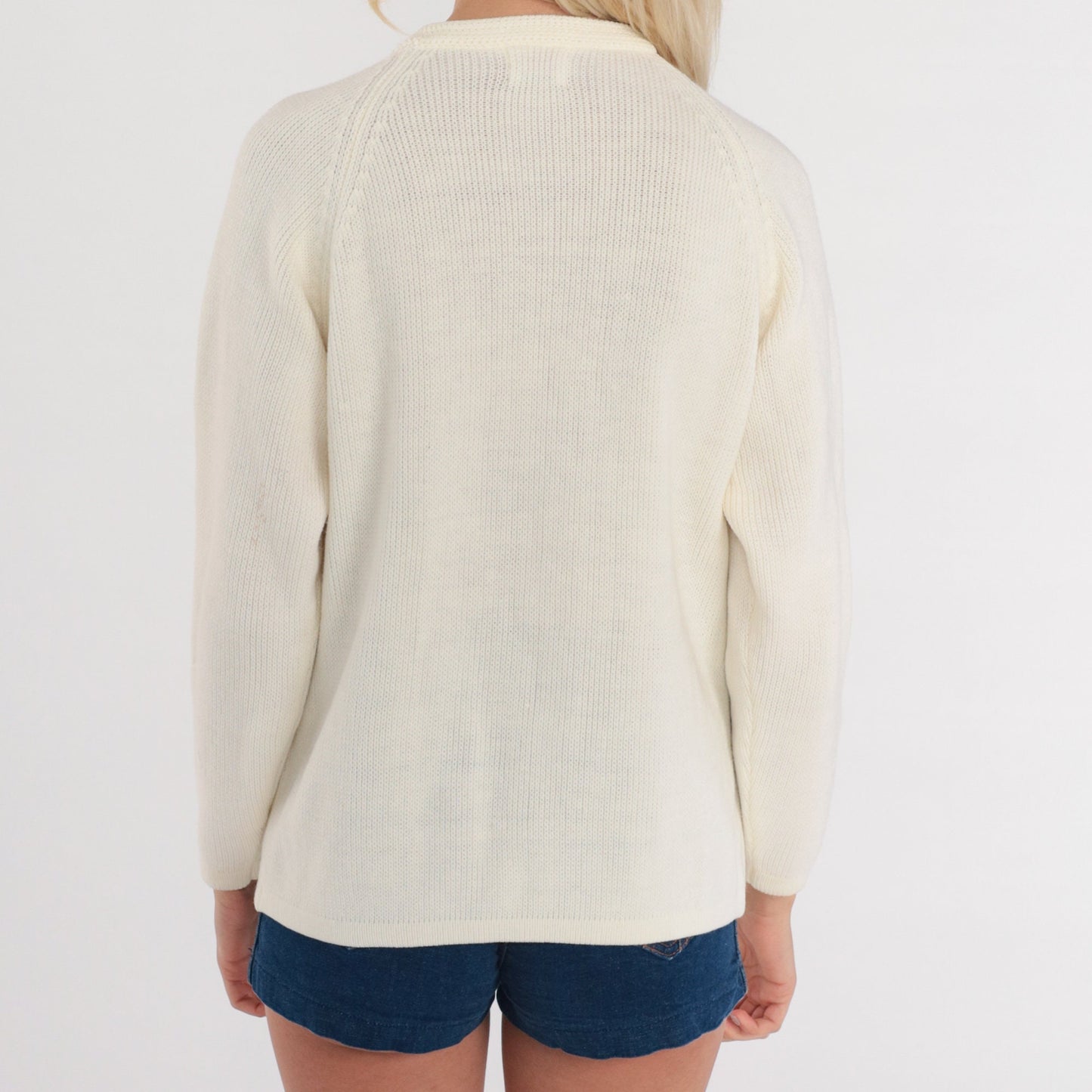 60s White Pointelle Cardigan Raglan Geometric Cutout Knit Small