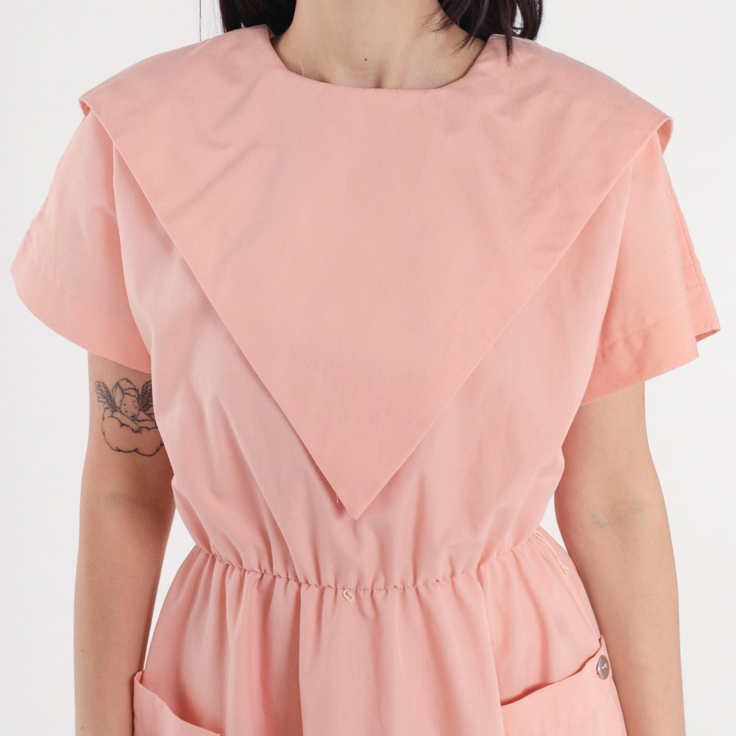 80s Pink Midi Dress High Waist Short Sleeve Pockets Medium M