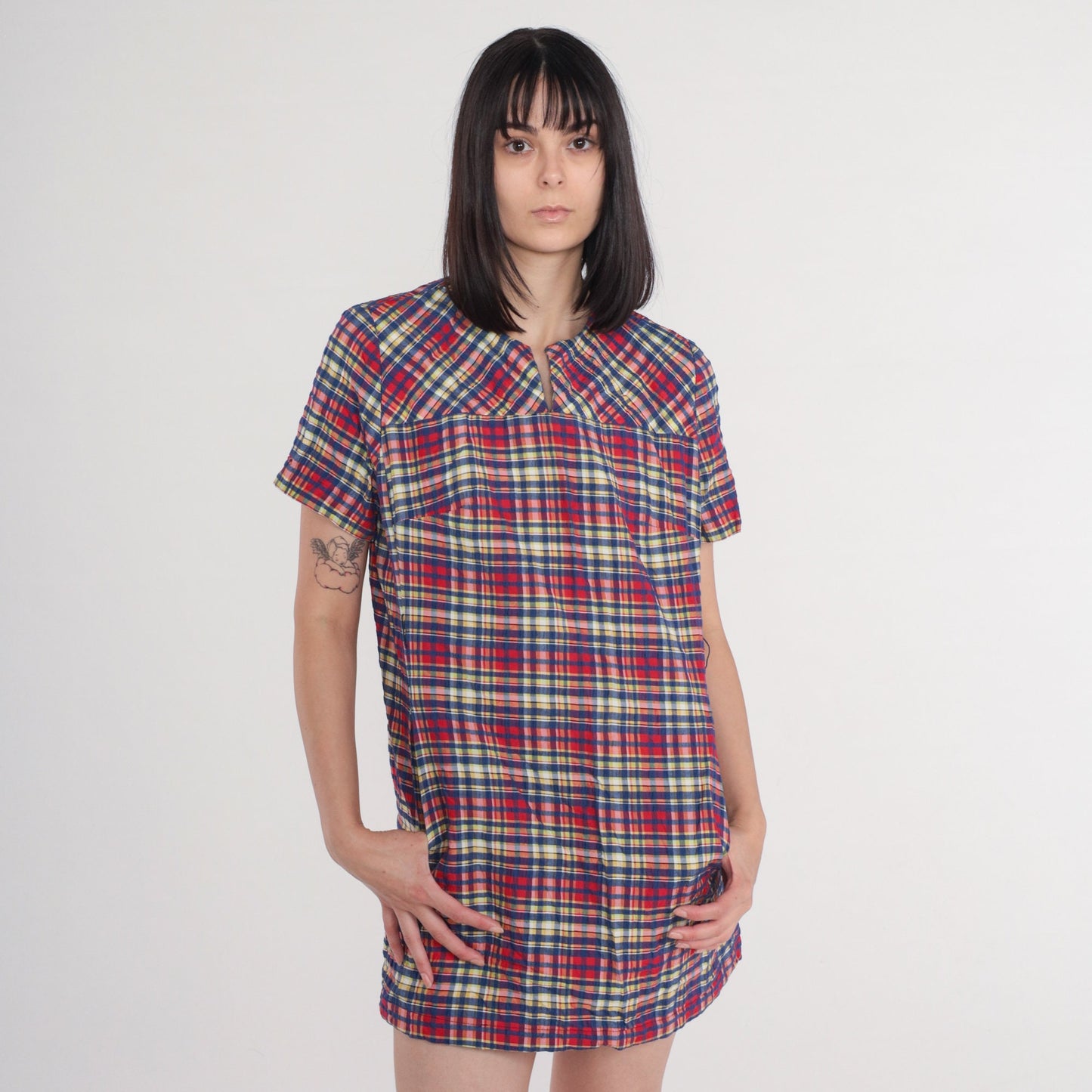 60s Plaid Mini Dress High Waisted Mod Red Blue Checkered Medium M
