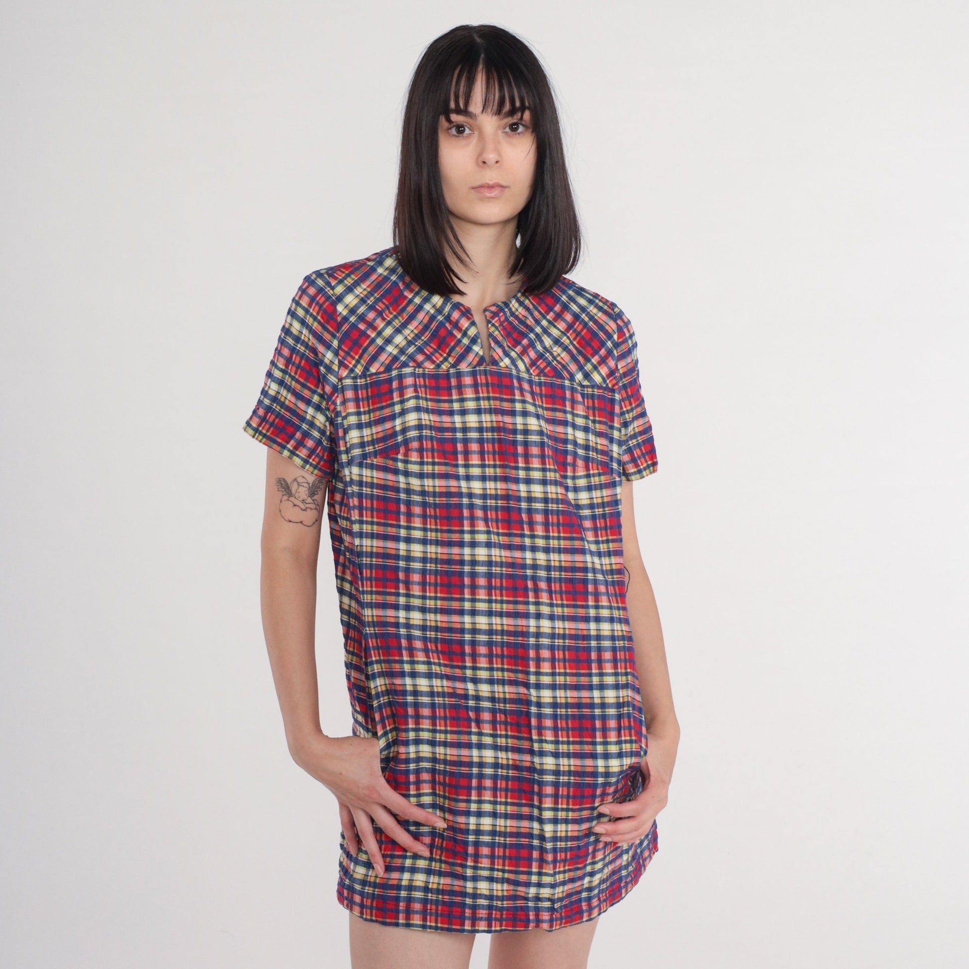 60s Plaid Mini Dress High Waisted Mod Red Blue Checkered Medium M