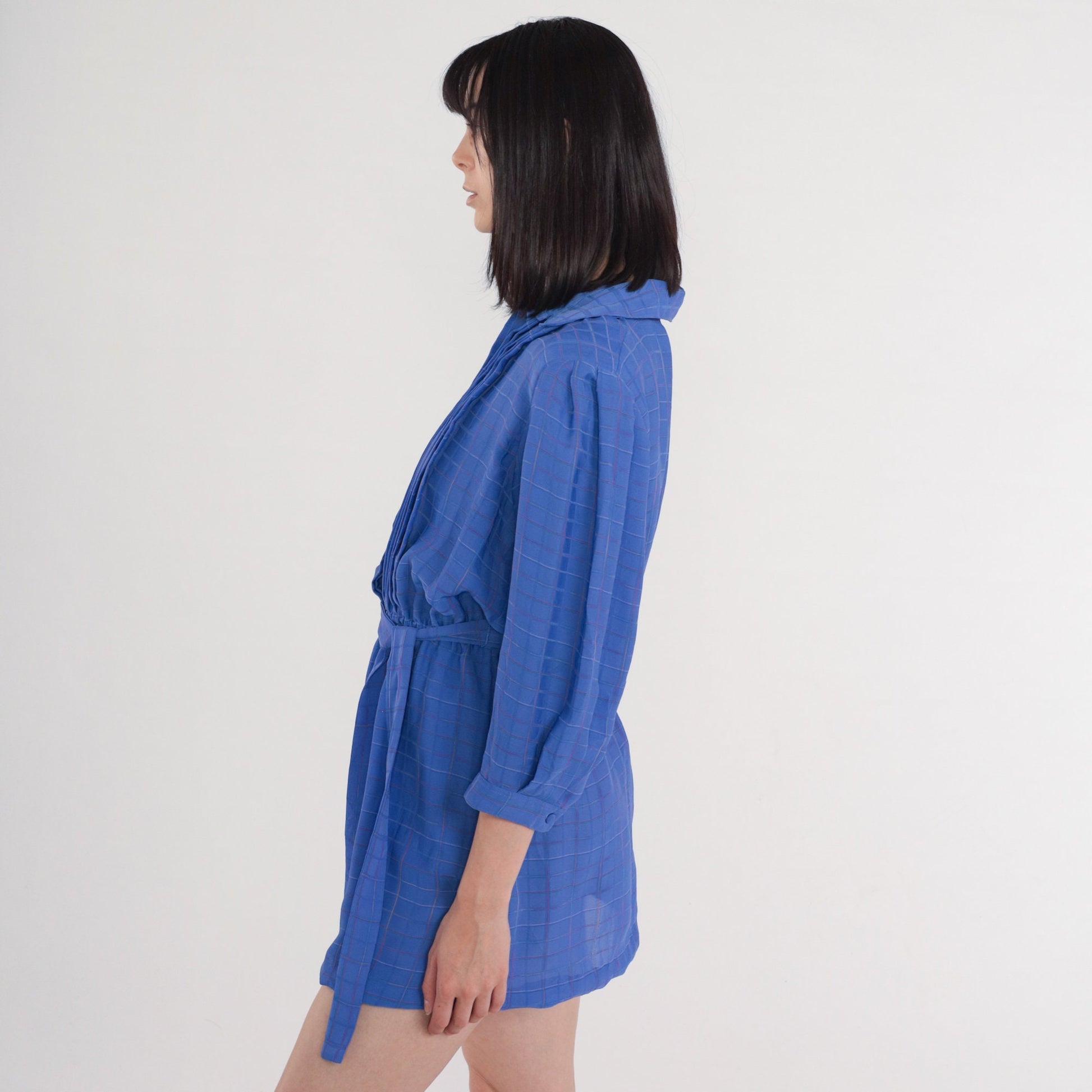 70s Ms Chaus Blue Checkered Mini Dress High Waist Pleated Button Up Medium Large