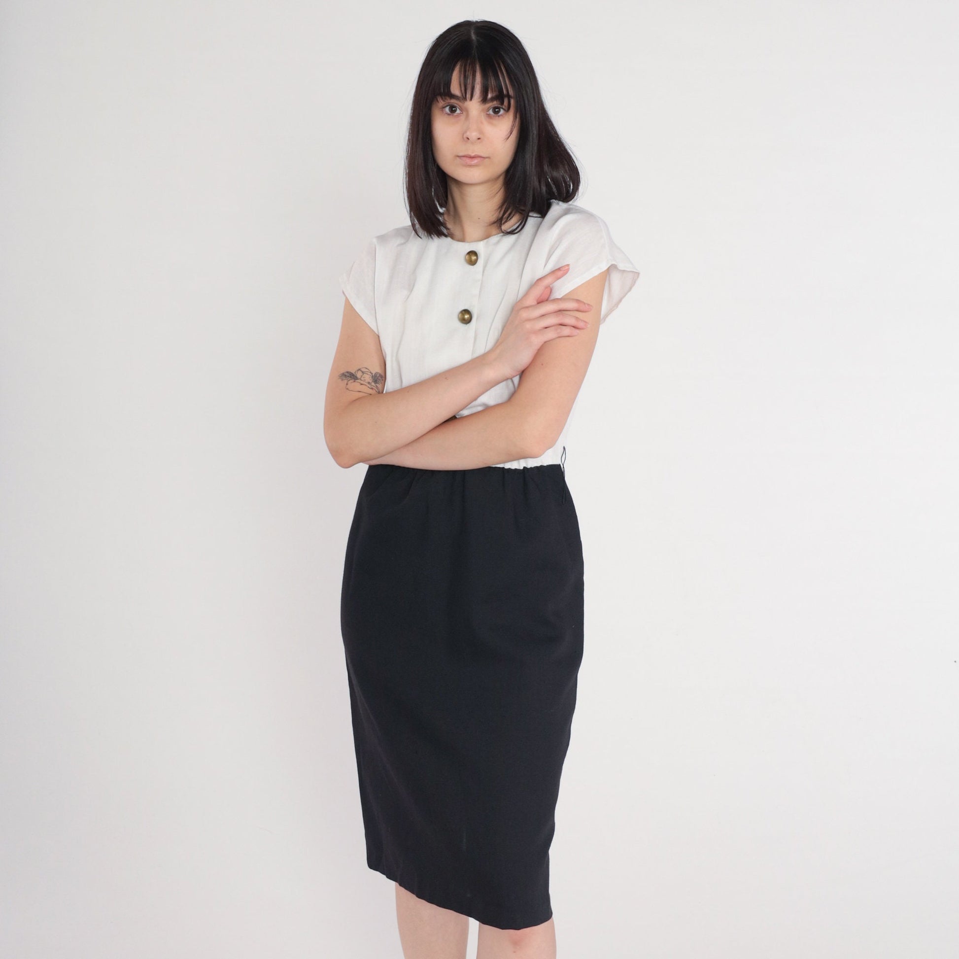 80s Justin Thyme Button-Up Midi Dress Black White Cap Sleeve Medium