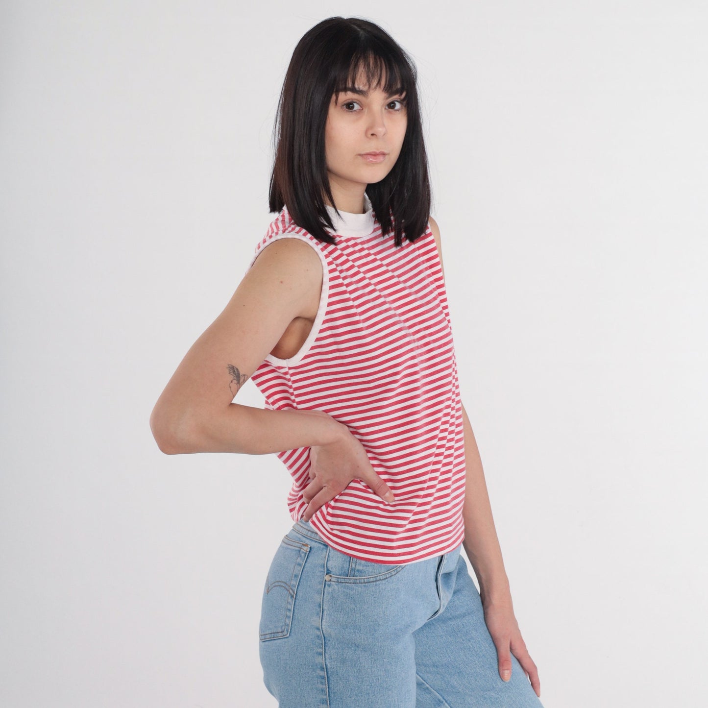 90s La Playa Striped Tank Top Mock Neck Ringer Tee Red White Large