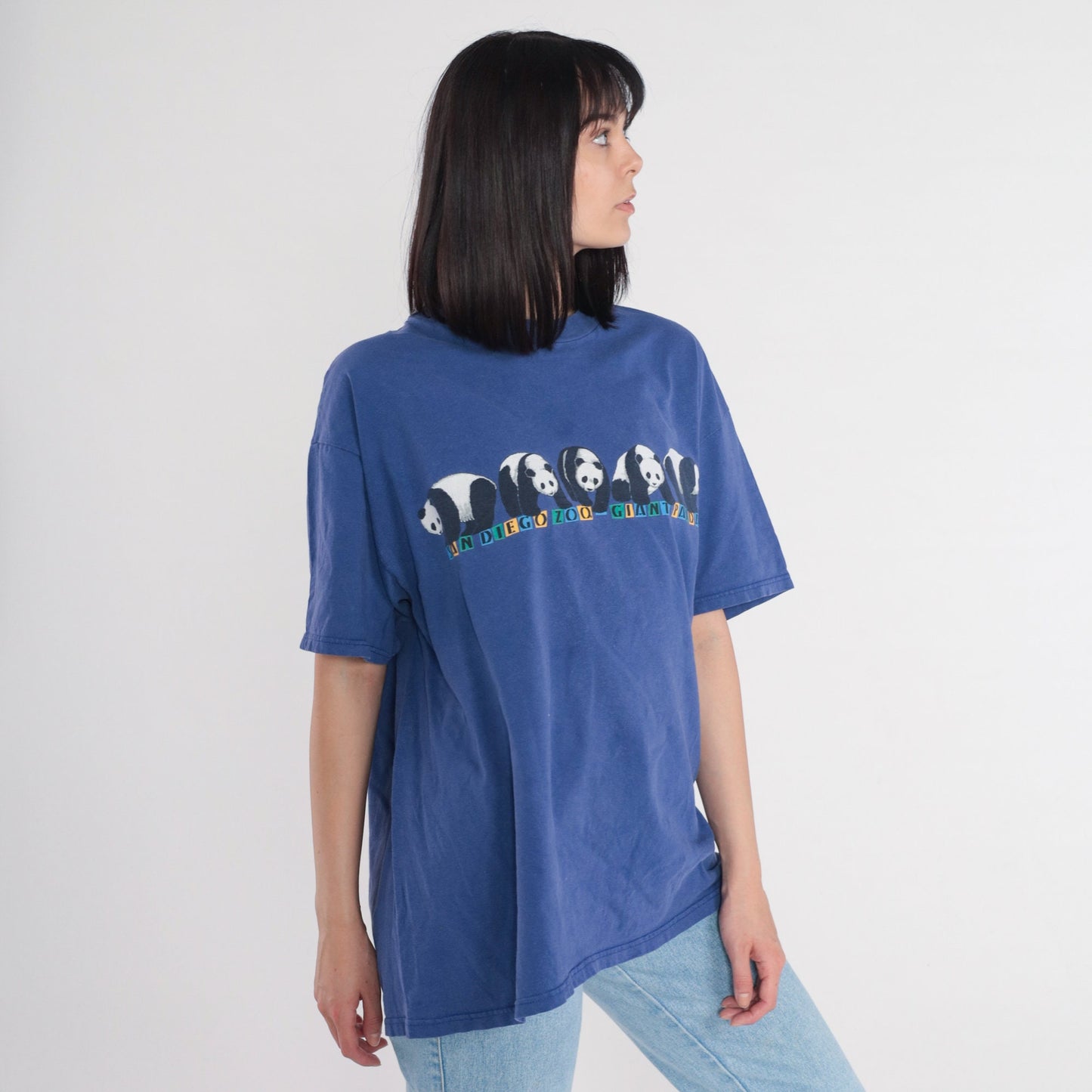 90s San Diego Zoo Giant Panda Graphic T-Shirt Blue Front Back Print Extra Large
