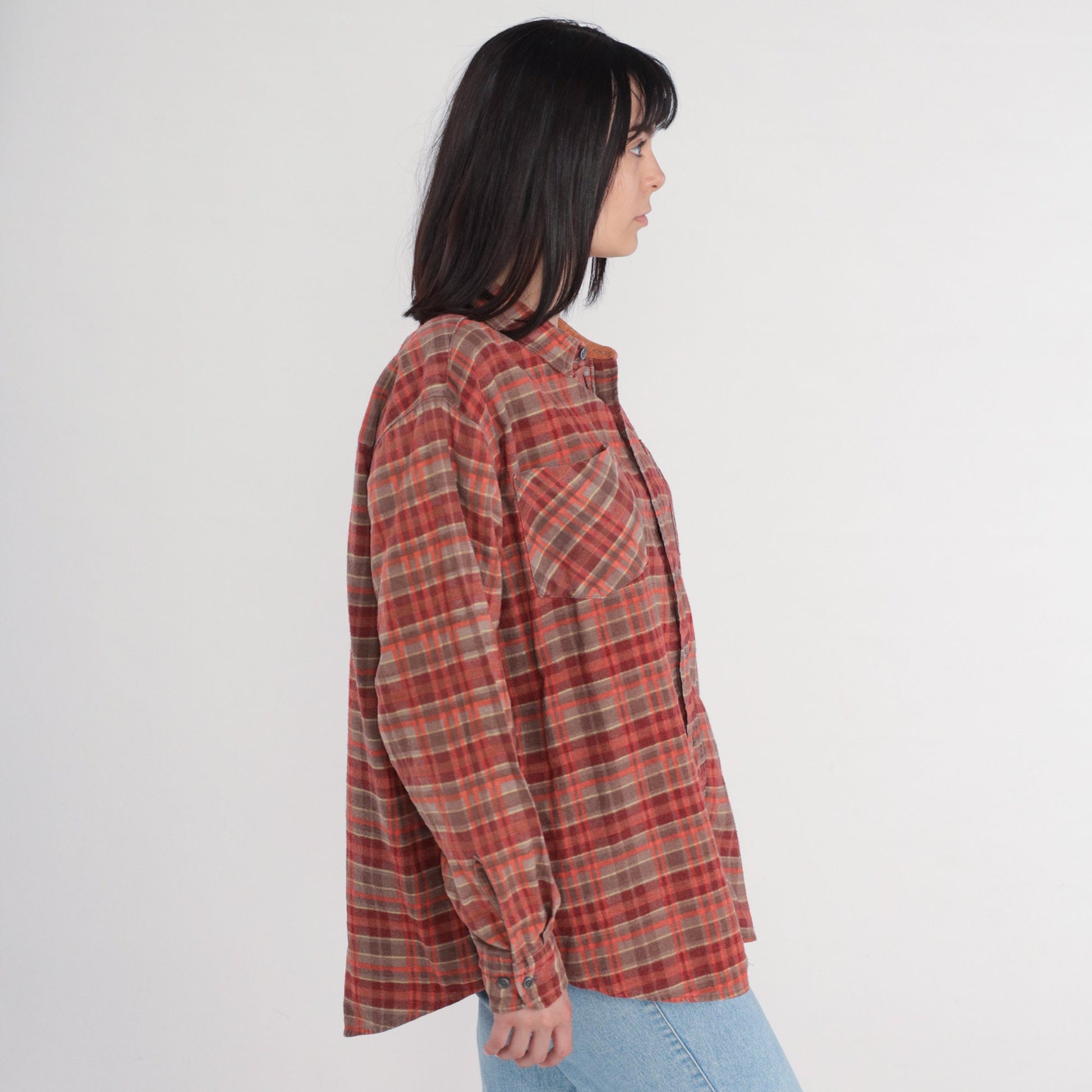 90s Haband Red Plaid Flannel Button-Up Shirt Long Sleeve Large