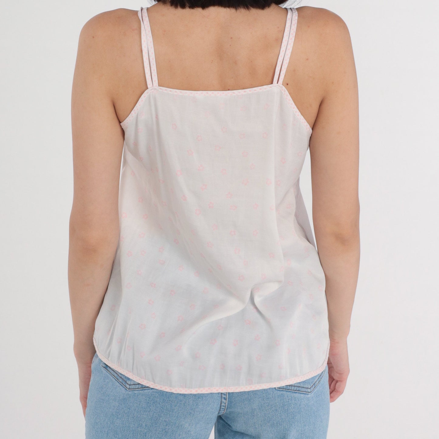 80s White Floral Camisole Pink Ditsy Print Spaghetti Strap Tank Small