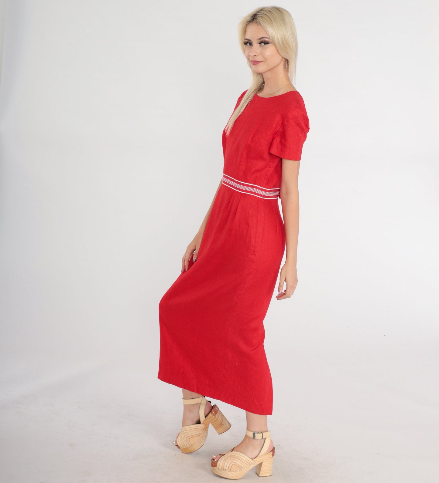 00s Red Linen Midi Dress Keyhole Cutout Bow Short Sleeve Small 6