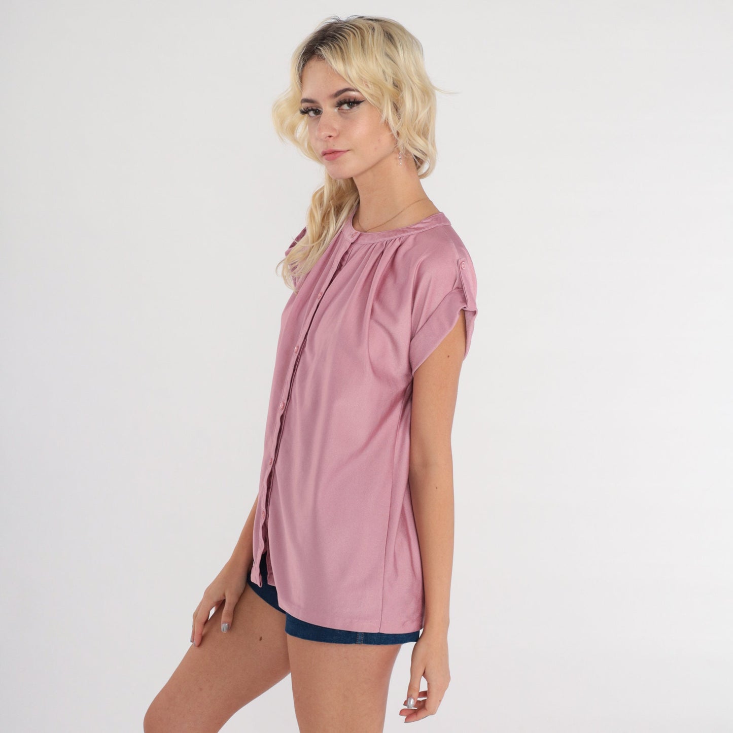 70s Lavender Button-Up Blouse Cap Sleeve Epaulette Shiny Top Small