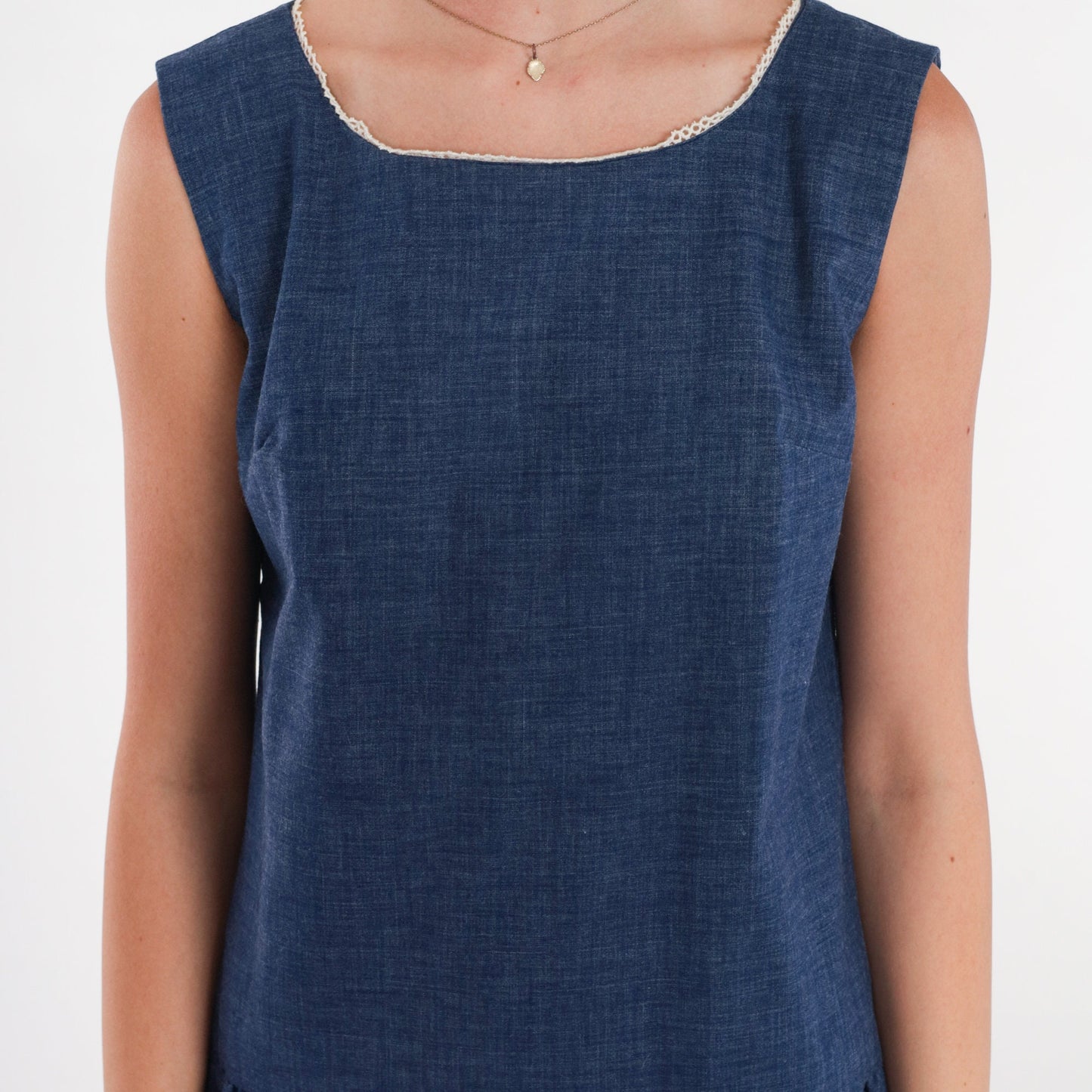 60s Mod Dark Blue Cotton Mini Shift Dress Drop Waist Sleeveless Extra Small