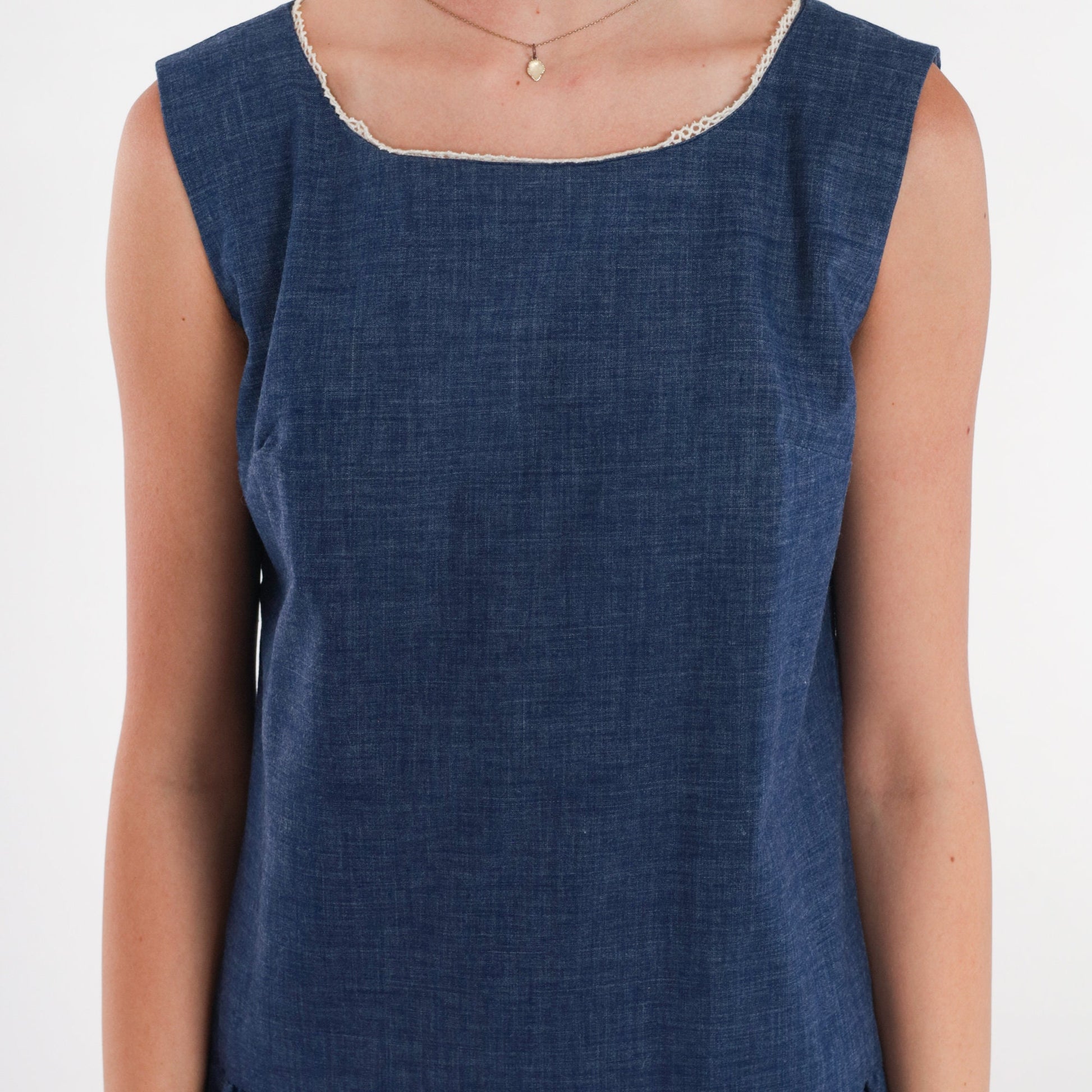 60s Mod Dark Blue Cotton Mini Shift Dress Drop Waist Sleeveless Extra Small