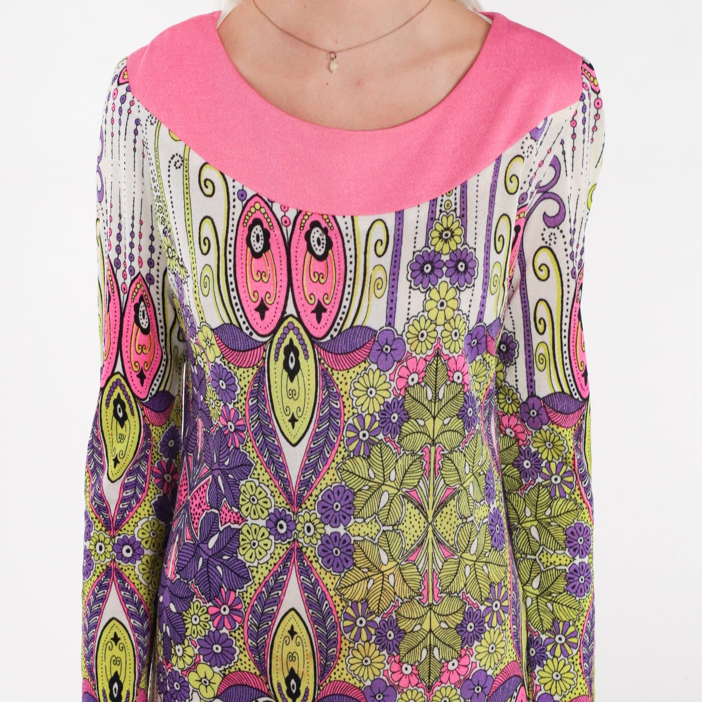 1970s Psychedelic Floral Maxi Dress Long Sleeve Hot Pink Lime Green Small