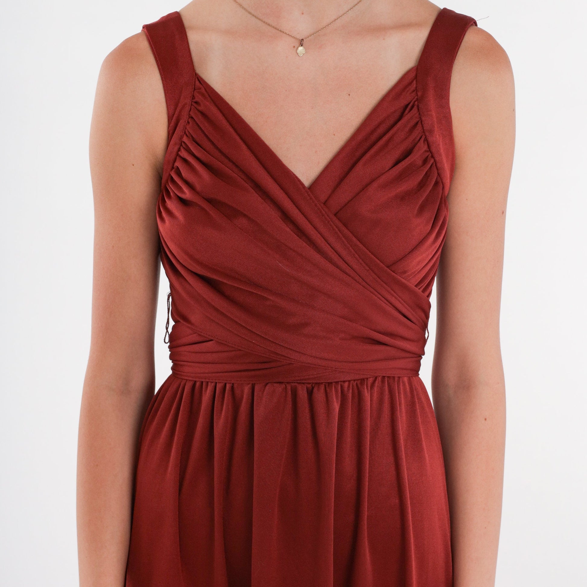 70s Rust Red Maxi Dress Deep V Wrap Bodice High Waisted Small