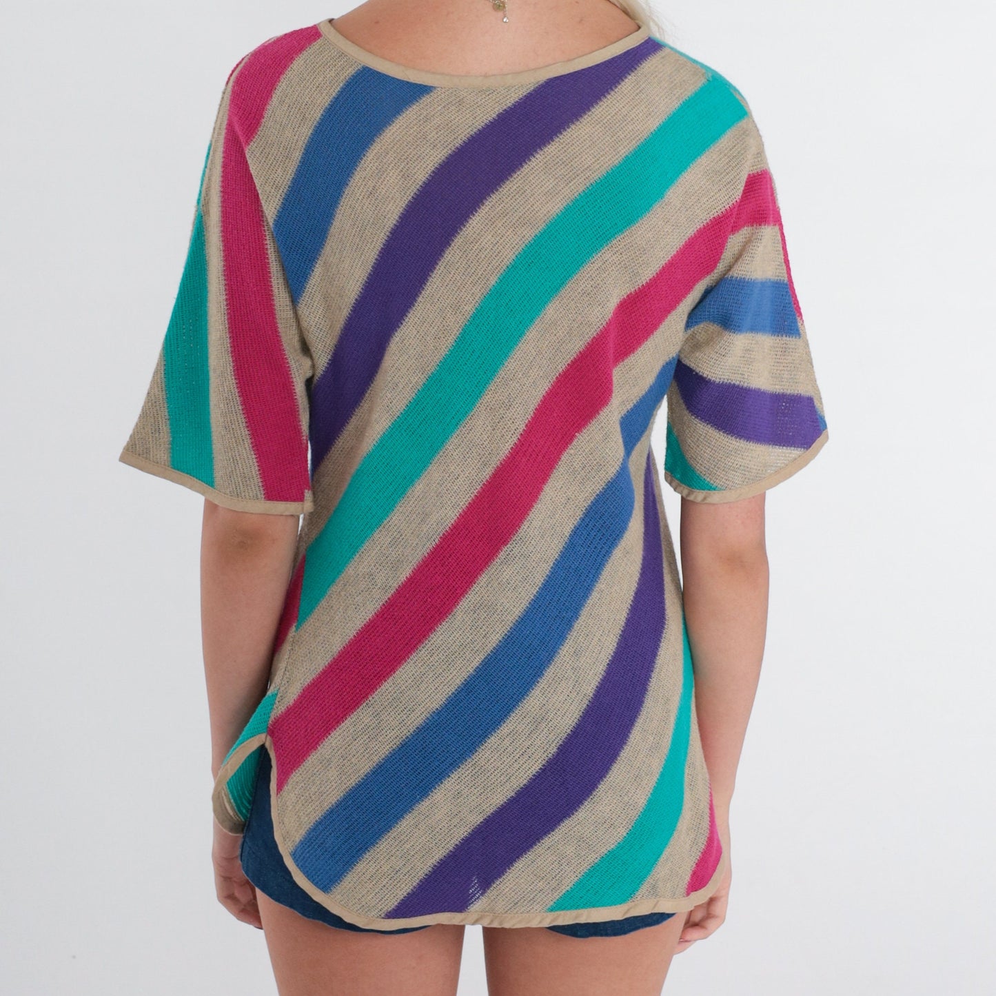 80s Striped Woven Blouse Half Sleeve Cotton Top Multicolor Small S