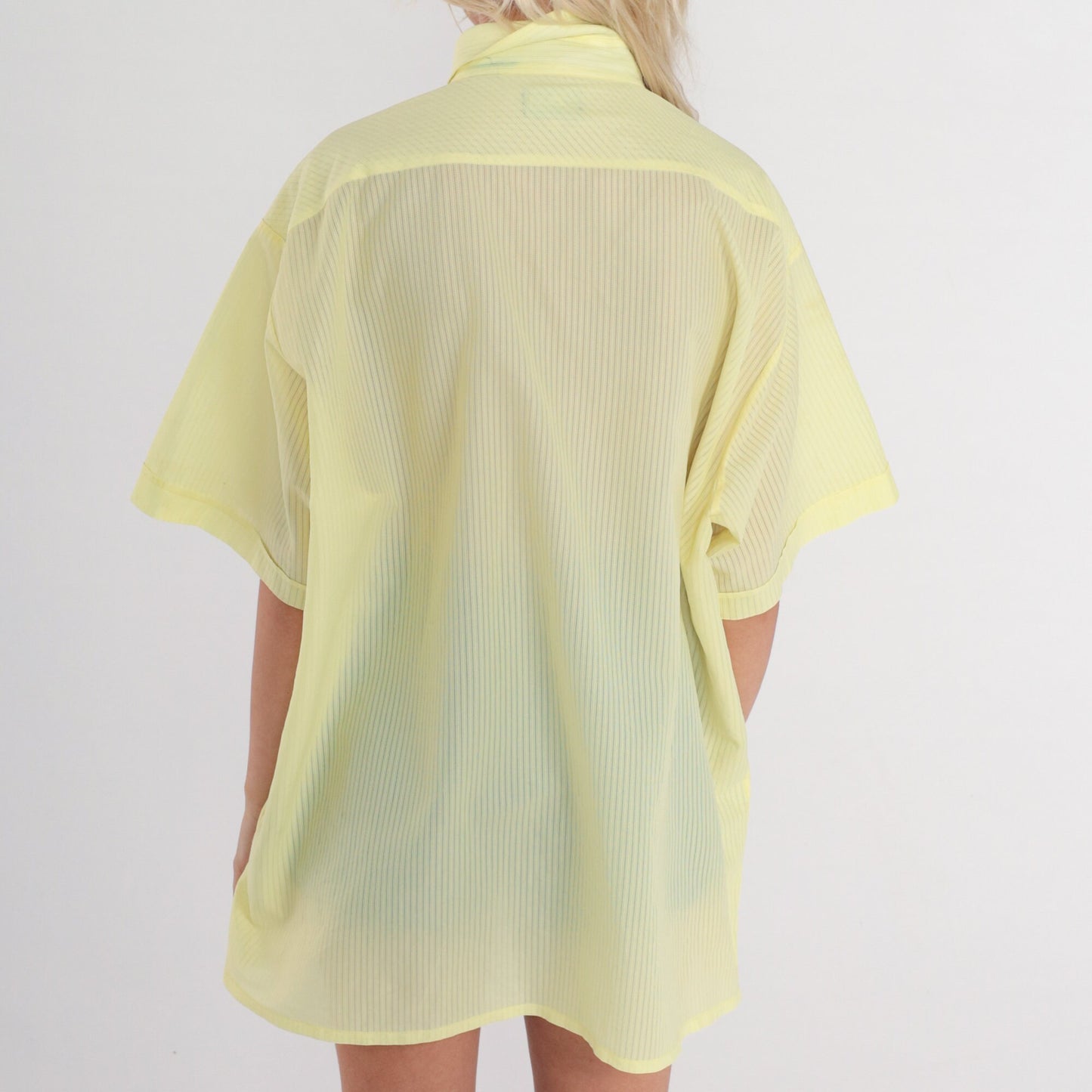 70s Yellow Striped Button-Up Shirt Semi-Sheer Short Sleeve Mens XXL