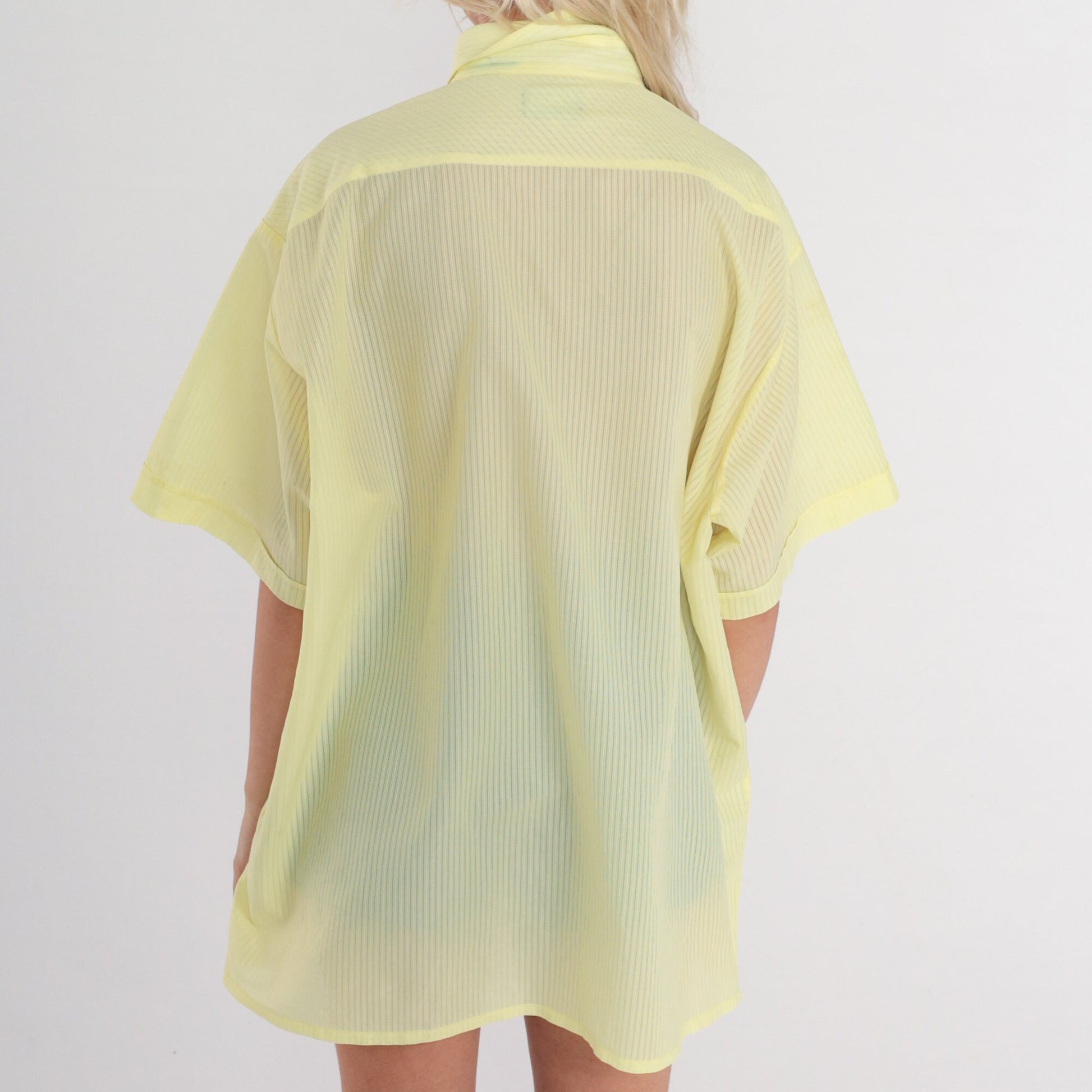 70s Yellow Striped Button-Up Shirt Semi-Sheer Short Sleeve Mens XXL