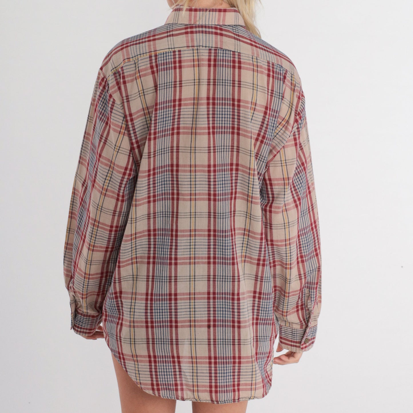 80s Tan Plaid Button-Up Shirt Long Sleeve Flannel Checkered Menswear Large
