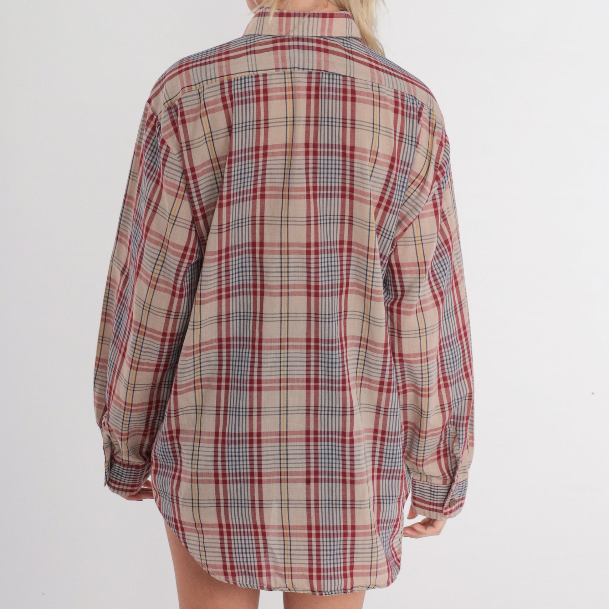 80s Tan Plaid Button-Up Shirt Long Sleeve Flannel Checkered Menswear Large