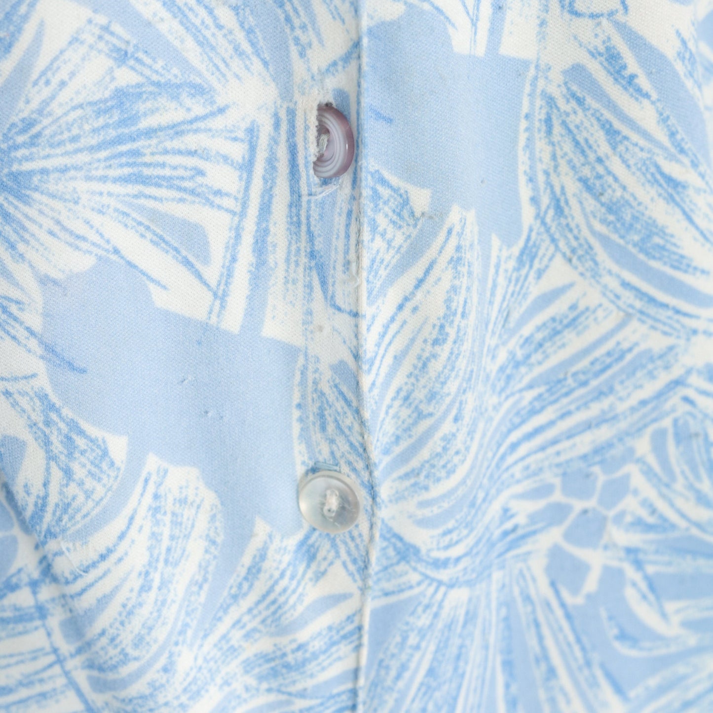 70s Pine Needle Pinecone Print Button-Up Blouse Blue White Long Sleeve Medium
