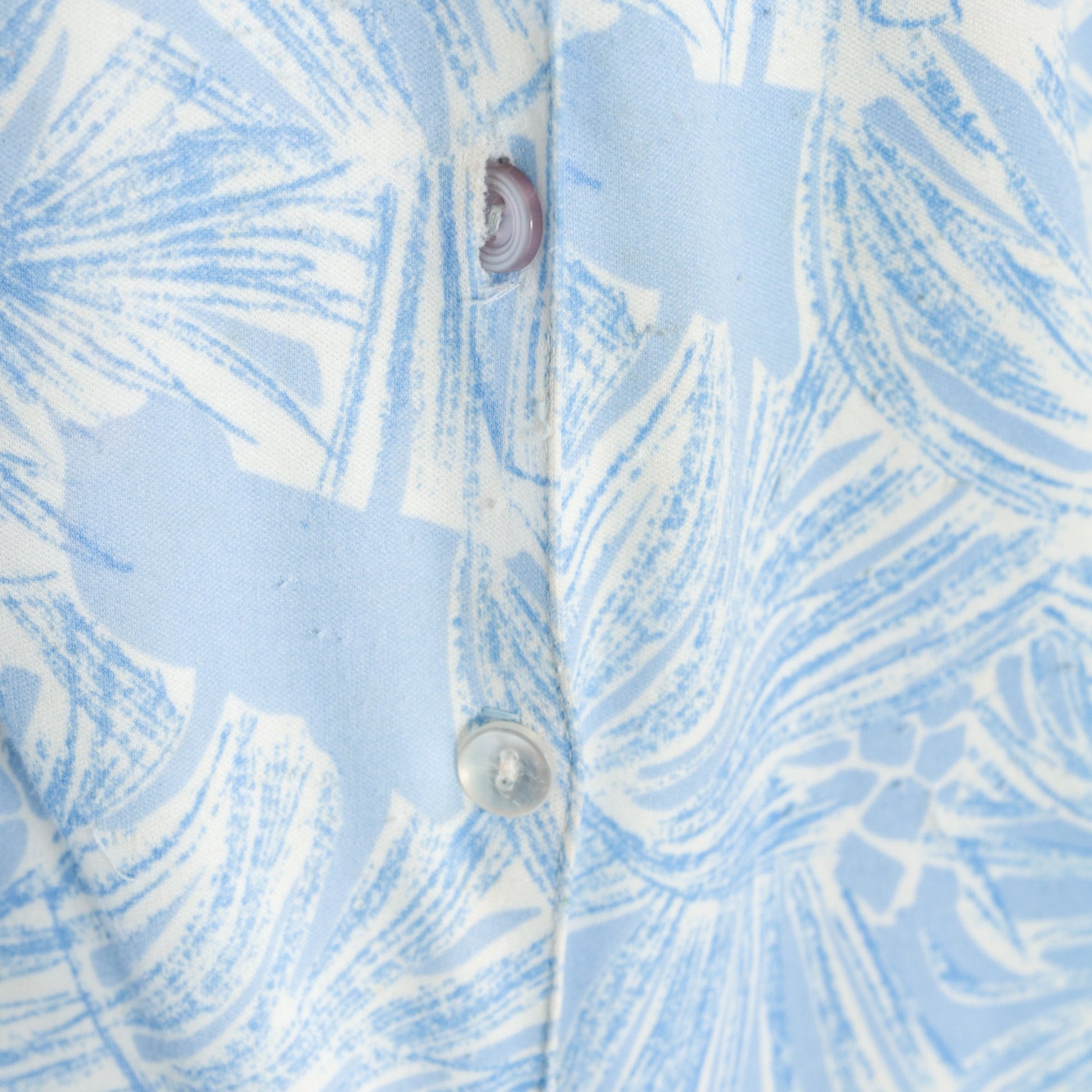 70s Pine Needle Pinecone Print Button-Up Blouse Blue White Long Sleeve Medium