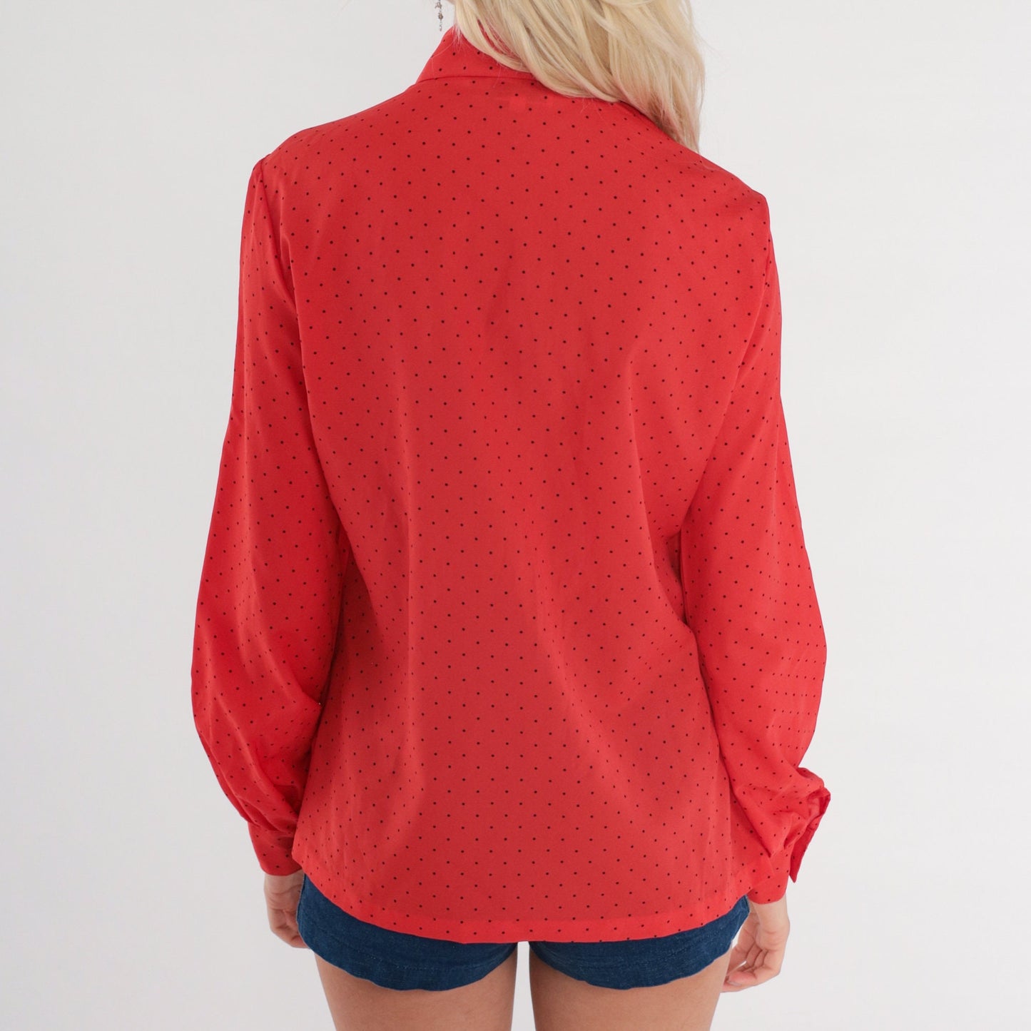 70s Red Polka Dot Button-Up Blouse Long Sleeve Collar Medium