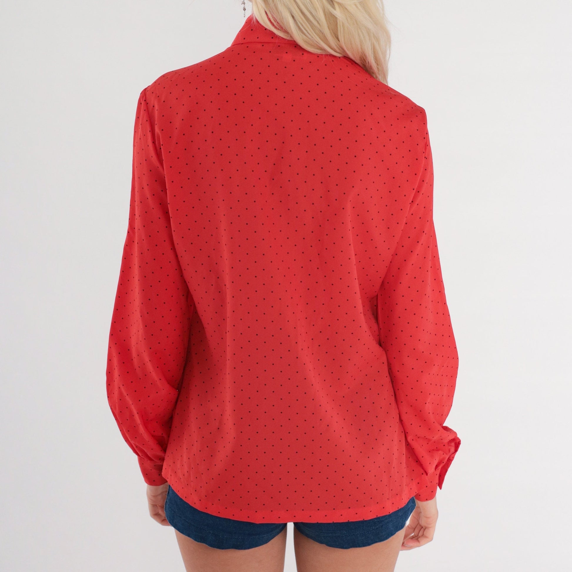 70s Red Polka Dot Button-Up Blouse Long Sleeve Collar Medium