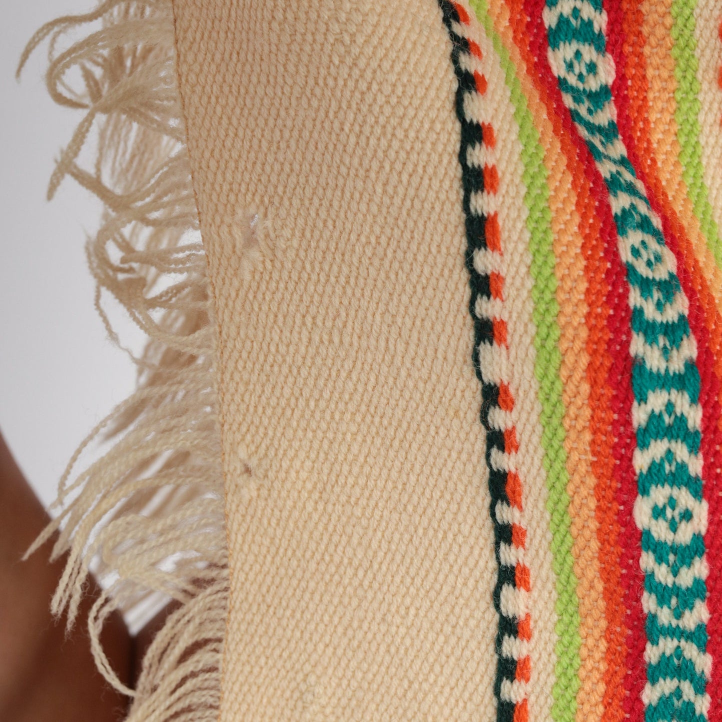 70s Cream Wool Poncho Southwestern Print Fringe Cape Small