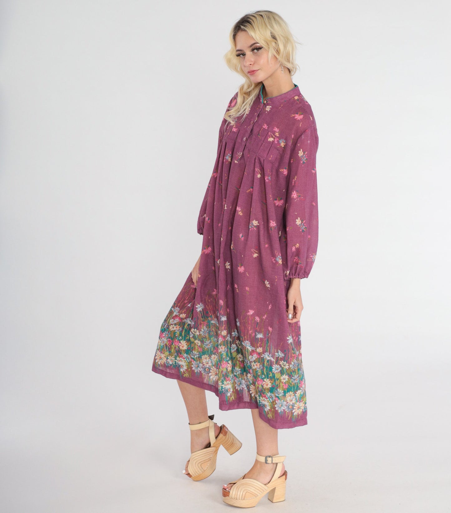 70s Wildflower Purple Floral Midi Dress Button-Up Long Sleeve Large