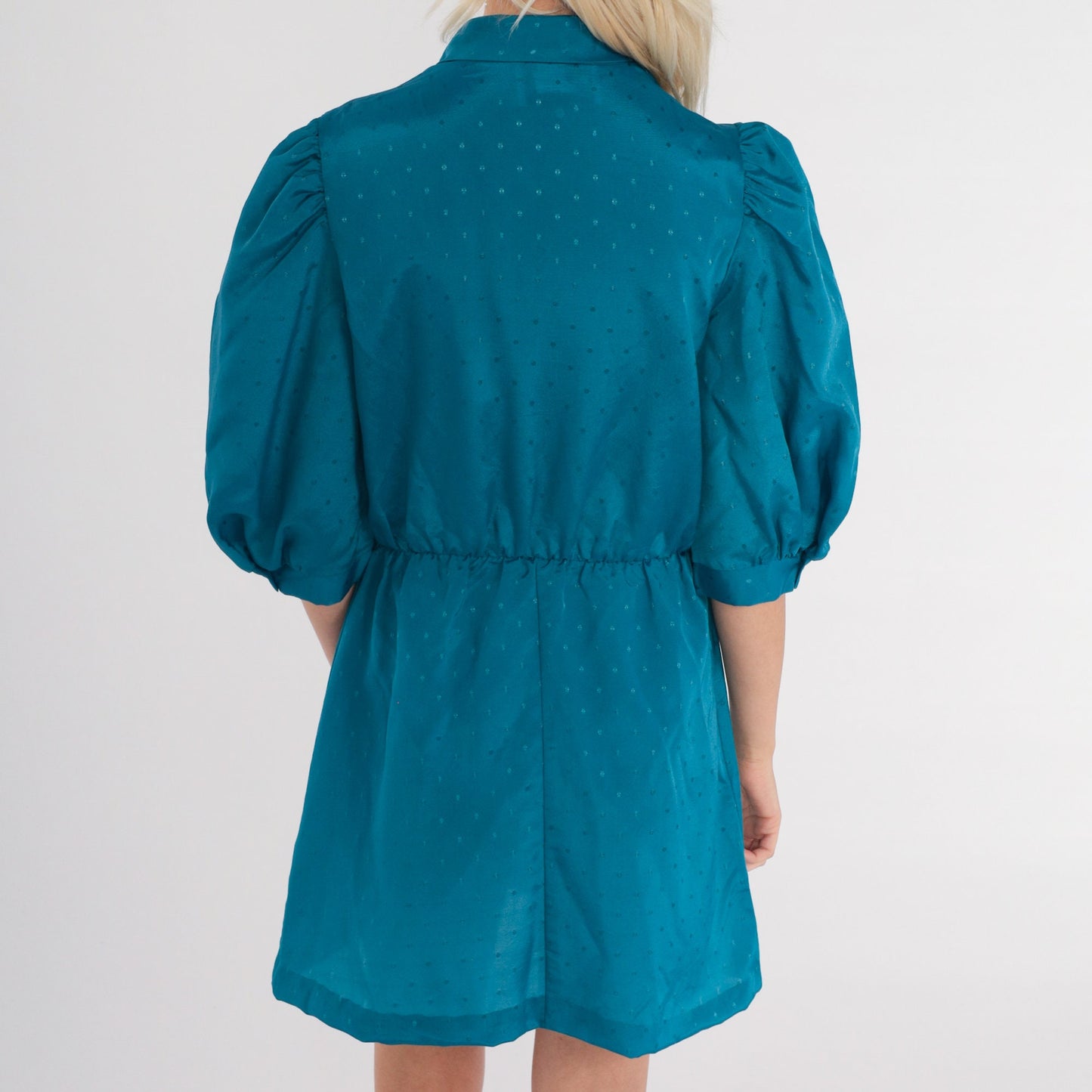 80s Blue Mini Shirtdress Puff Sleeve Ascot Tie Neck Button Up Medium