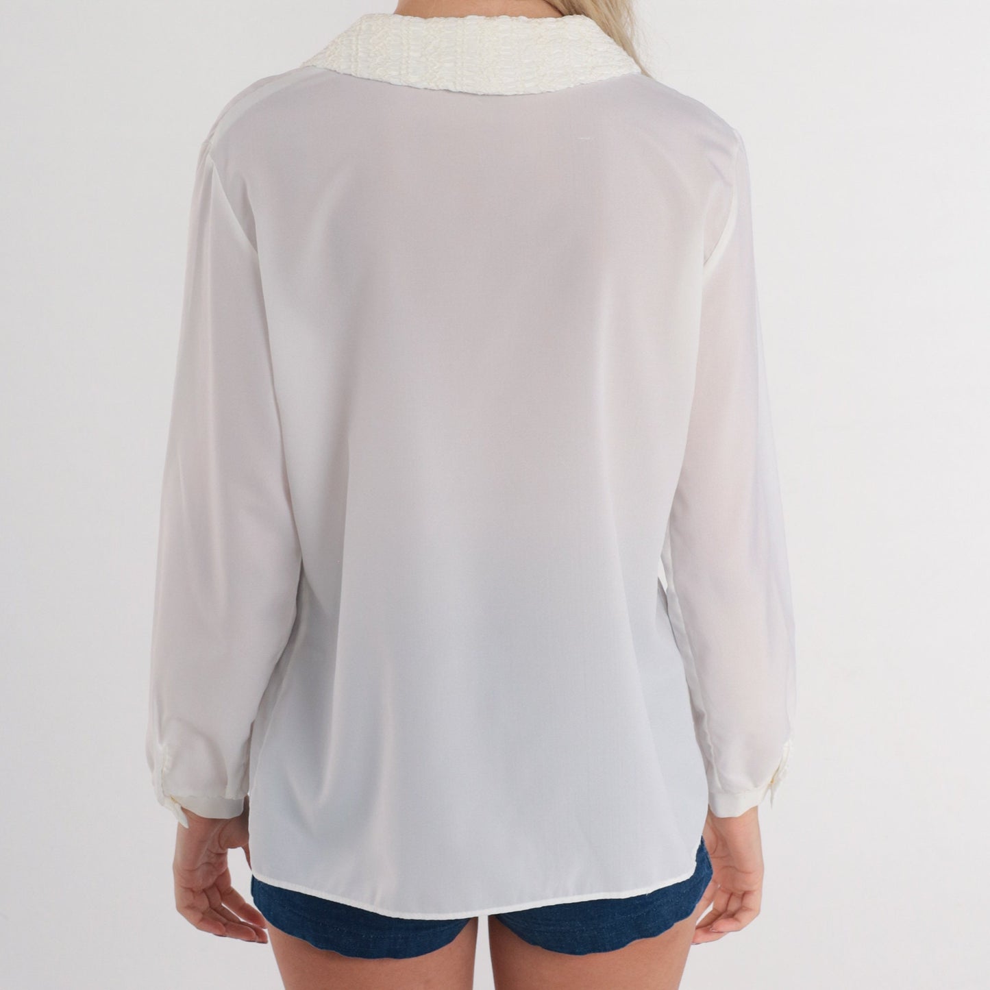 80s Semi-Sheer White Button-Up Blouse Textured Collar Long Sleeve Medium