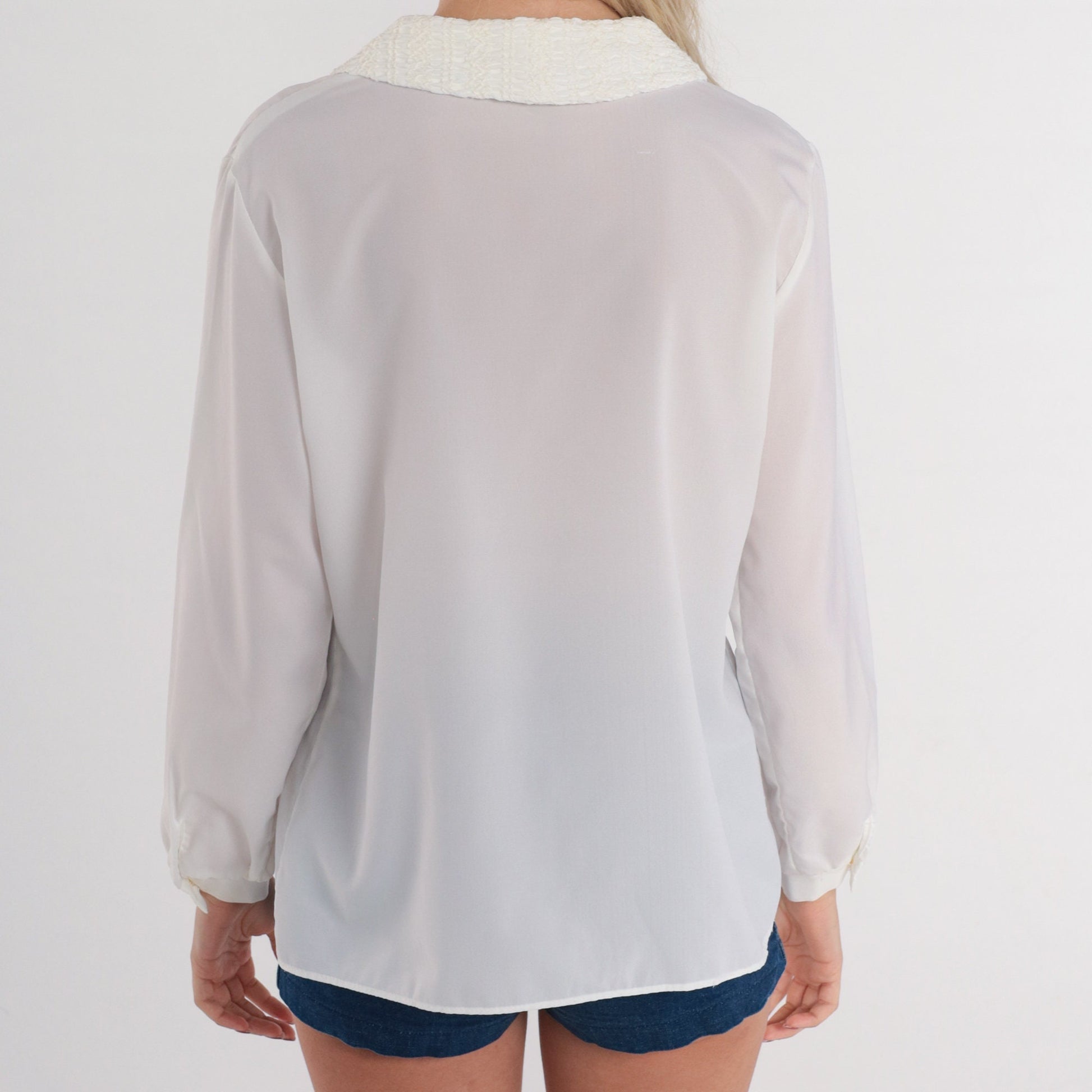 80s Semi-Sheer White Button-Up Blouse Textured Collar Long Sleeve Medium
