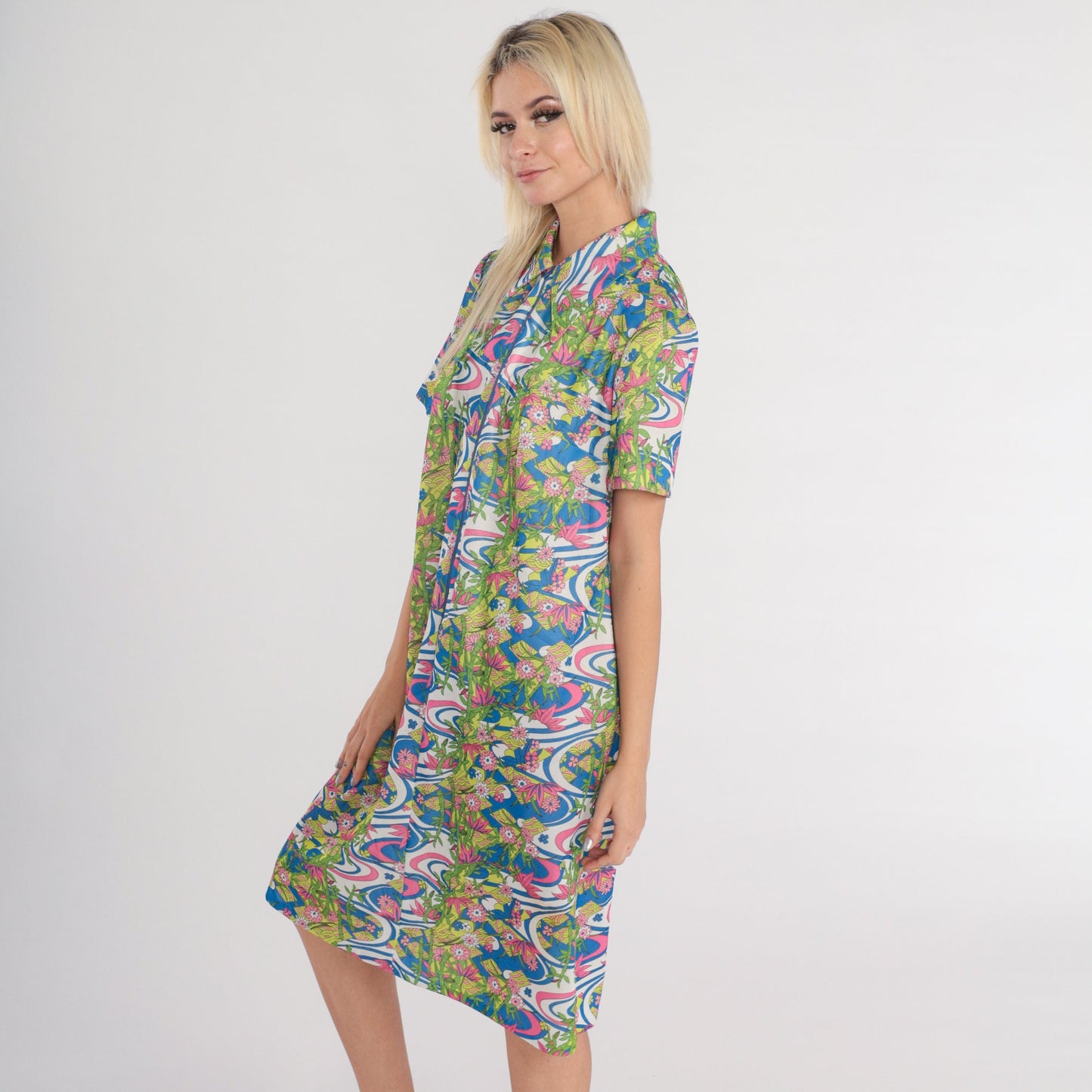 70s Psychedelic Floral Midi Shift Dress Zip Front Collar Short Sleeve Large L