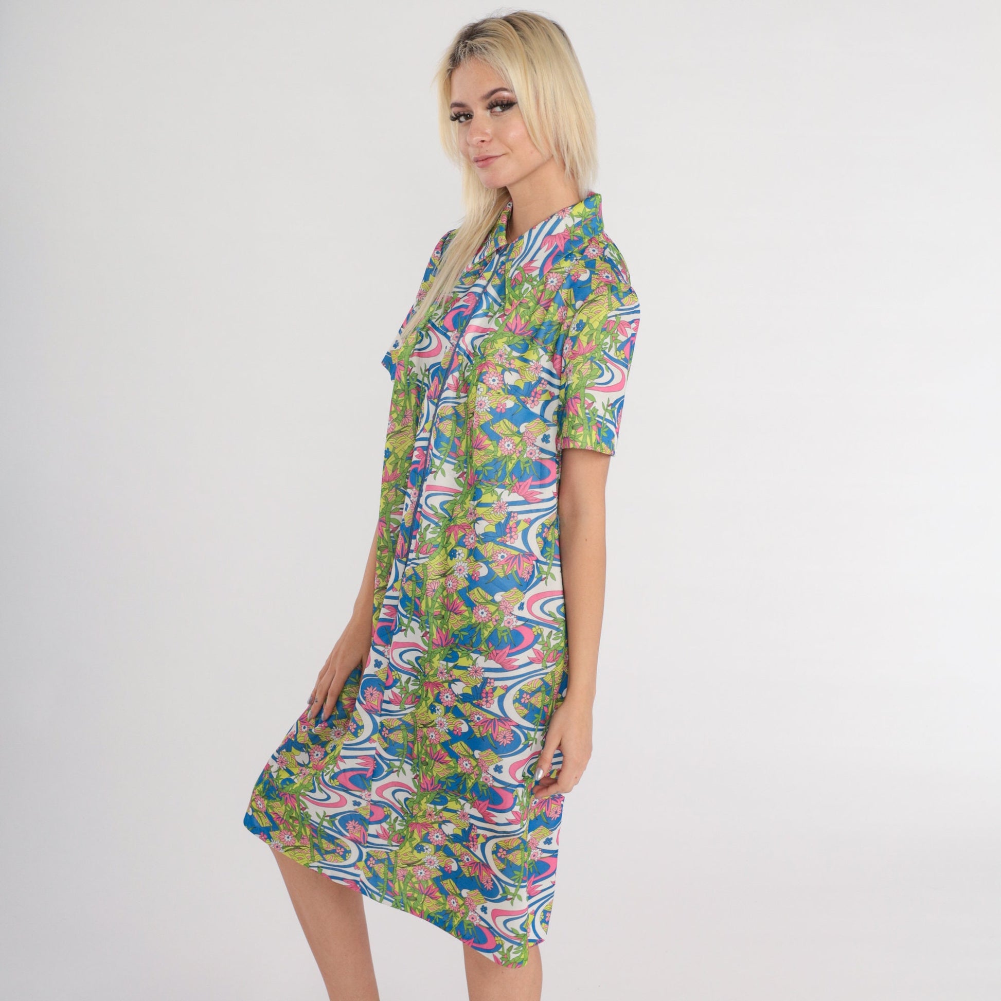 70s Psychedelic Floral Midi Shift Dress Zip Front Collar Short Sleeve Large L