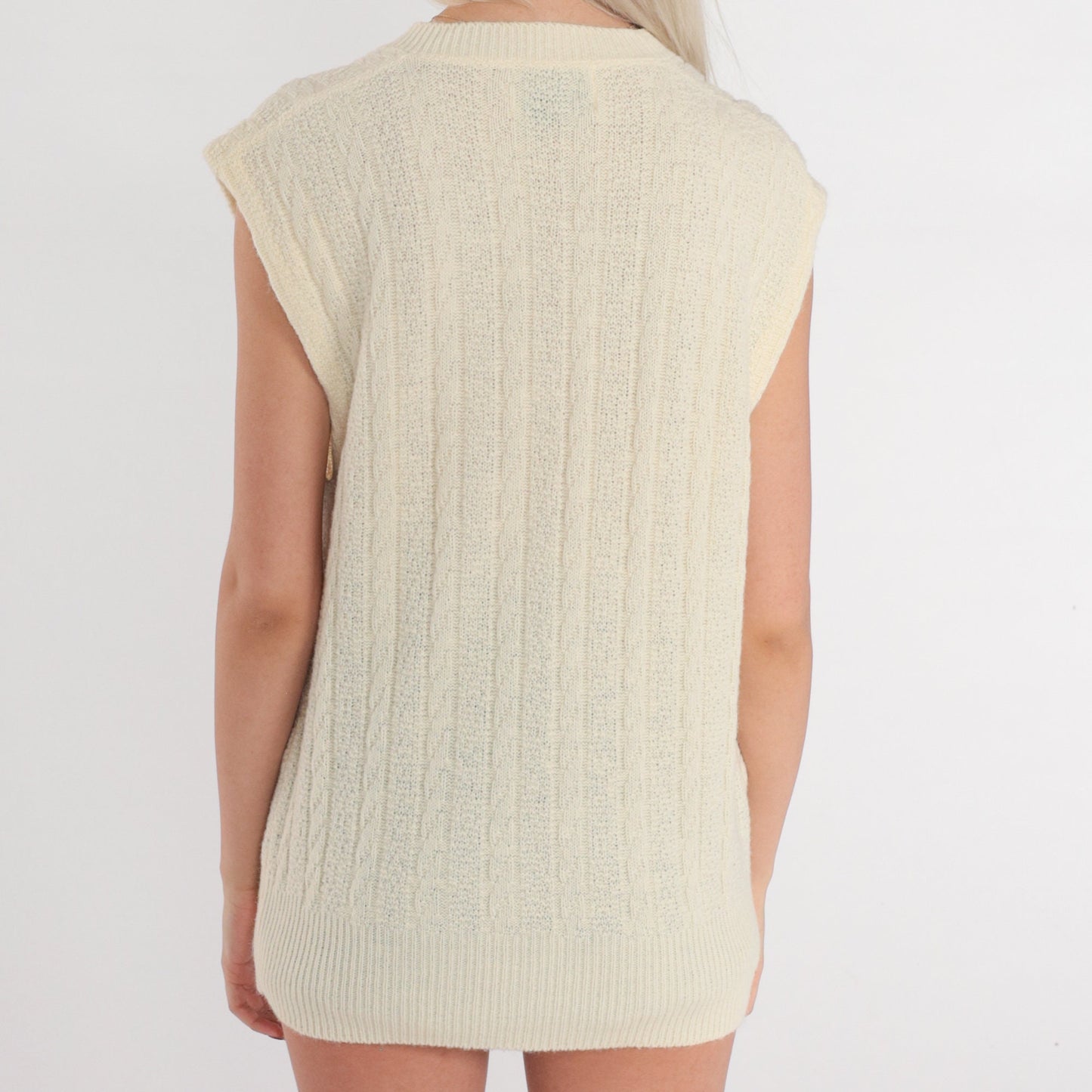 70s Cable Knit Sweater Vest Cream V-Neck Sleeveless Pullover Medium