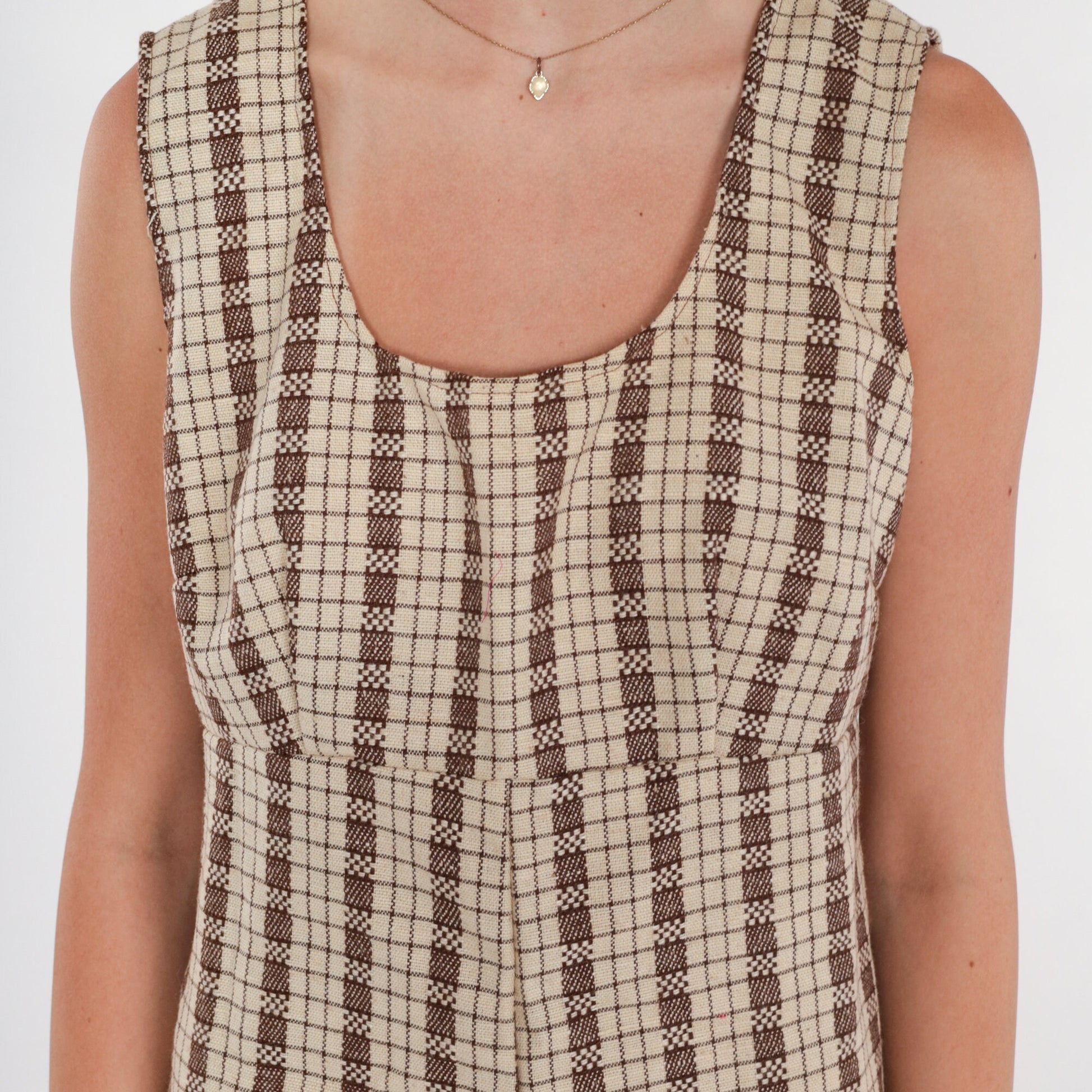 1960s Cream Brown Checkered Mini Dress Empire Waist Sleeveless Medium