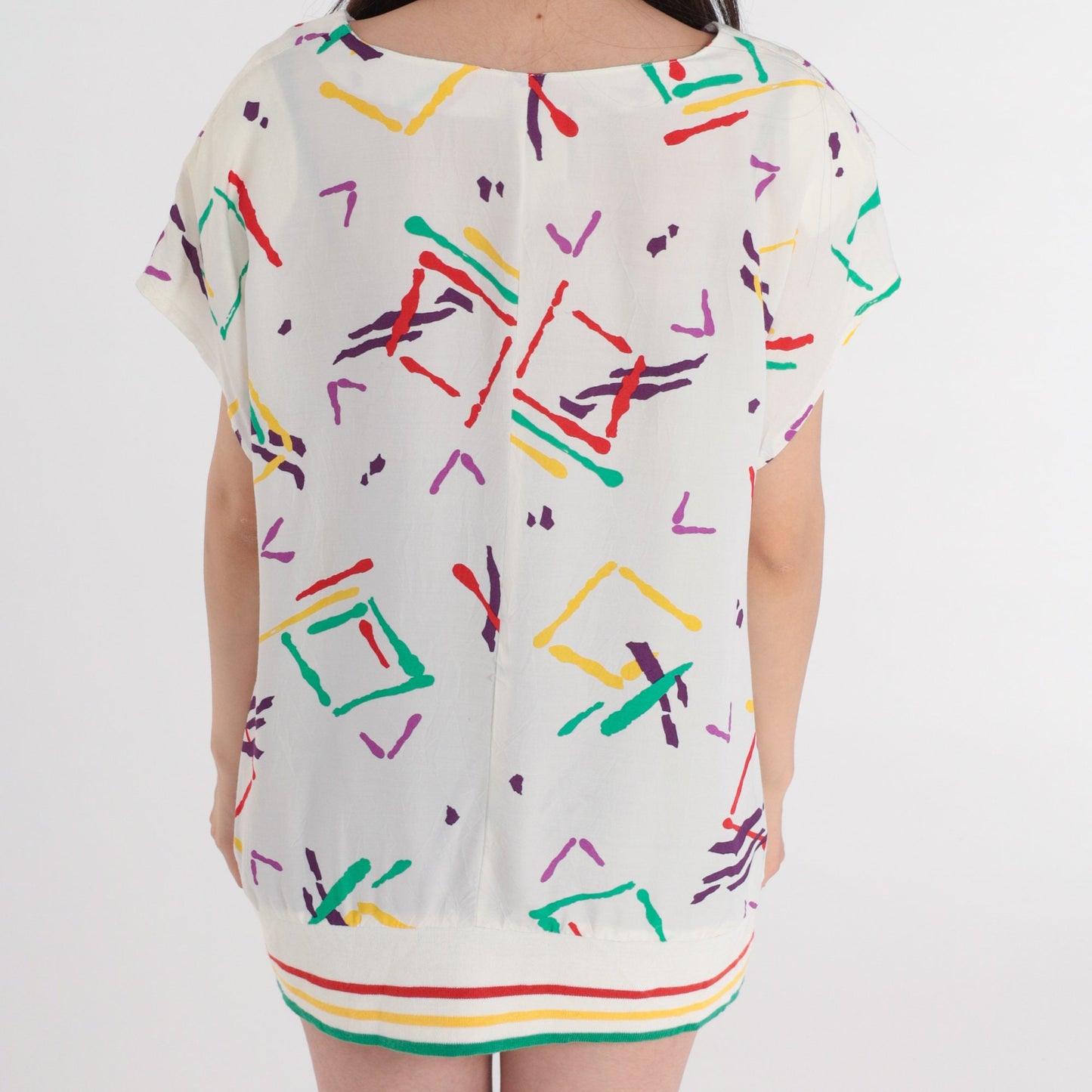 80s Campus Casuals Tunic Top Abstract Geometric Square Print White Extra Large
