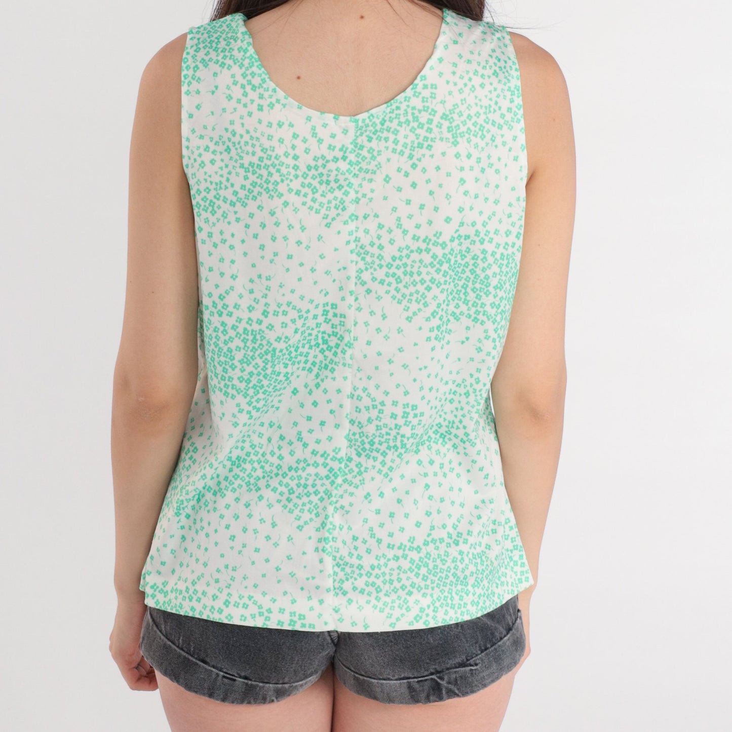 70s Ditsy Floral Tank Top White Green Sleeveless Blouse Large L
