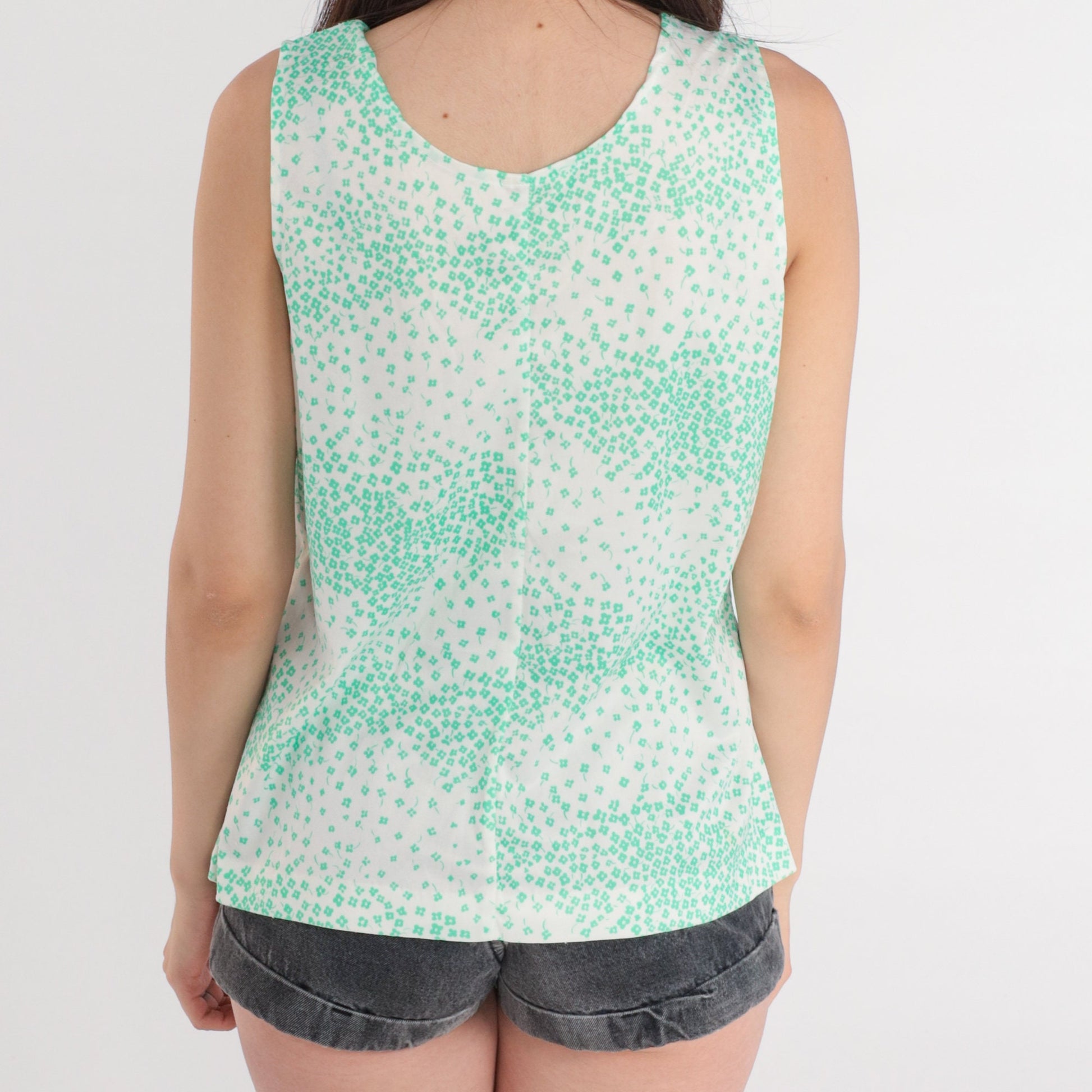 70s Ditsy Floral Tank Top White Green Sleeveless Blouse Large L