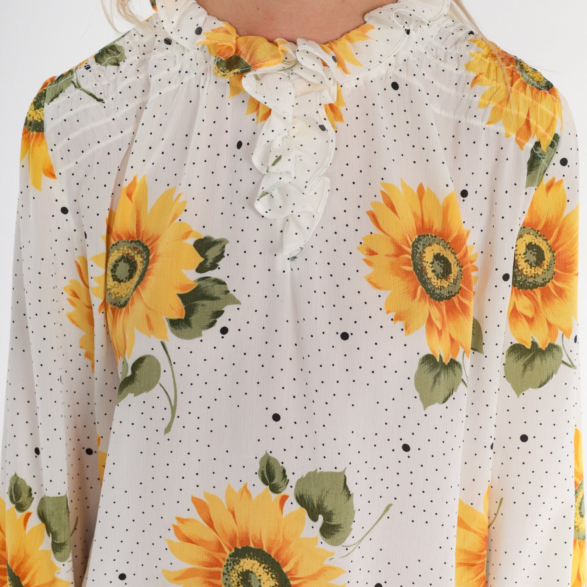 70s Sunflower Print Shift Dress White Long Sleeve Micro Mini Small